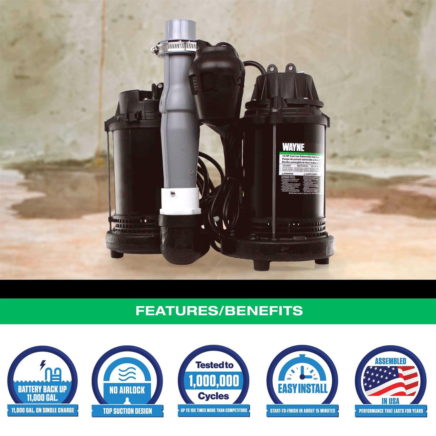 Wayne WSS30VN 1/2 HP Combination Primary and Backup Sump Pump System - Image 3