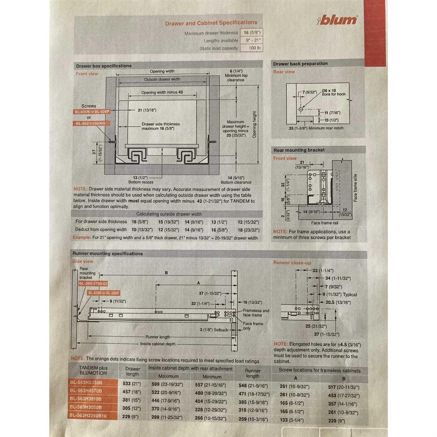 Blum Tandem Plus Blumotion Drawer Slides Complete Pair, with Runners 563H, Locking Devices, Rear Mounting Brackets and Screws - Image 4