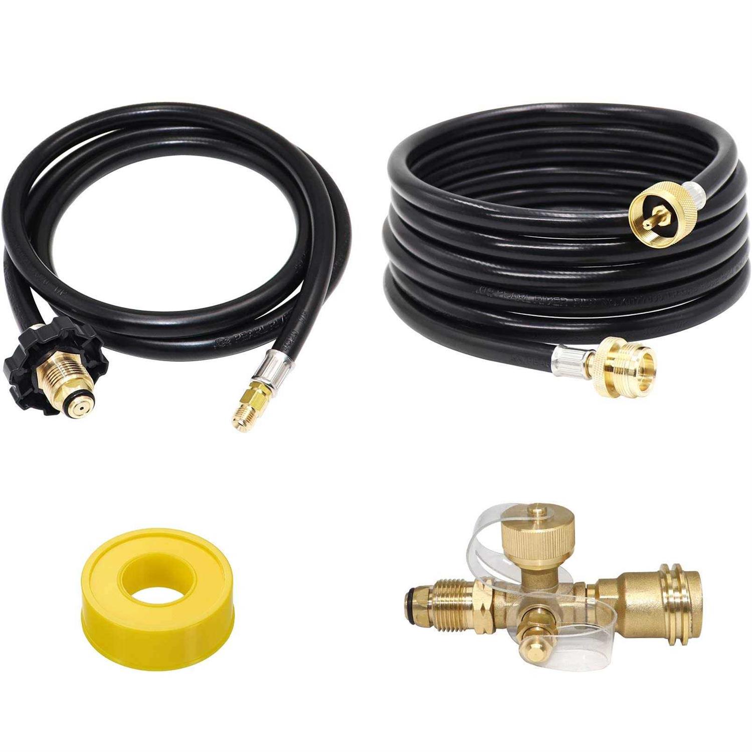New Upgraded Propane Brass Tee Adapter Kit 4-Port Propane Brass Tee 5ft and 12ft Hoses Allows for Connection Between Auxiliary Propane Cylinder and