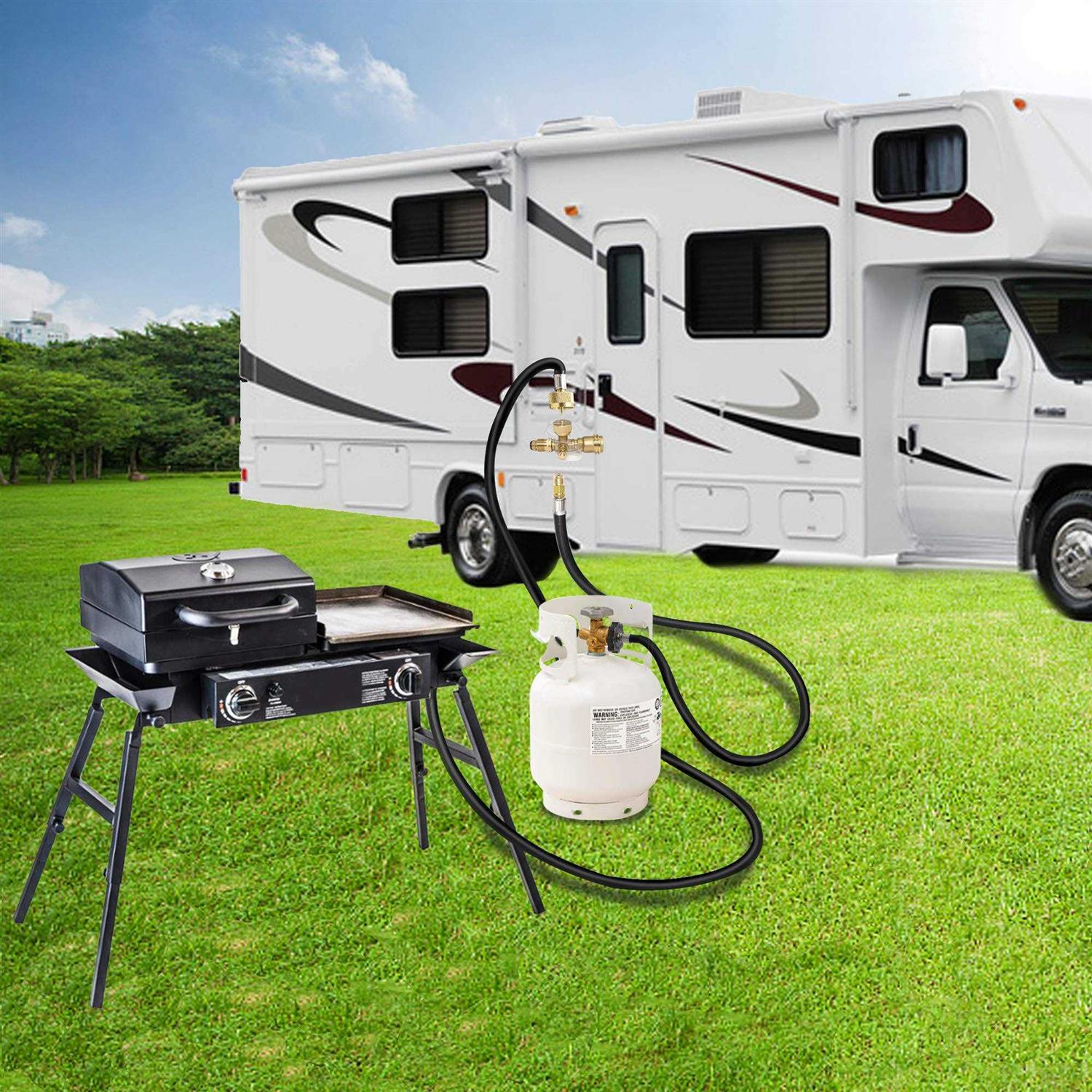 New Upgraded Propane Brass Tee Adapter Kit 4-Port Propane Brass Tee 5ft and 12ft Hoses Allows for Connection Between Auxiliary Propane Cylinder and - Image 3