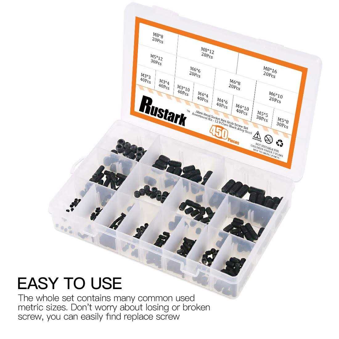 Rustark 450Pcs M3/M4/M5/M6/M8 Allen Head Socket Hex Grub Screw Set Assortment Kit with Internal Hex Drive - Image 3
