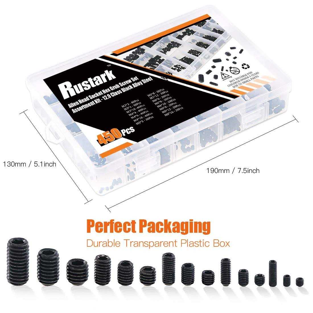 Rustark 450Pcs M3/M4/M5/M6/M8 Allen Head Socket Hex Grub Screw Set Assortment Kit with Internal Hex Drive - Image 5