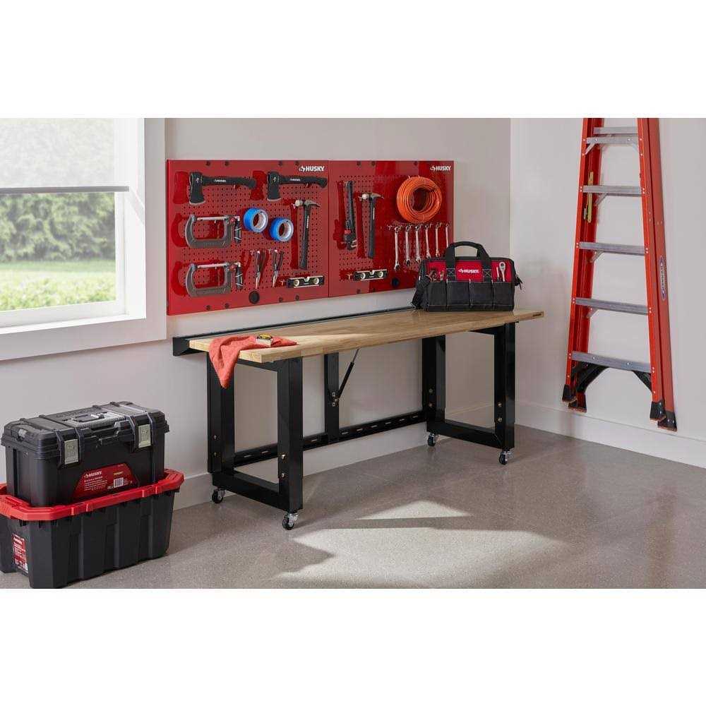 Husky Ready-To-Assemble 6 ft. Folding Adjustable Height Solid Wood Top Workbench in Black - Image 2