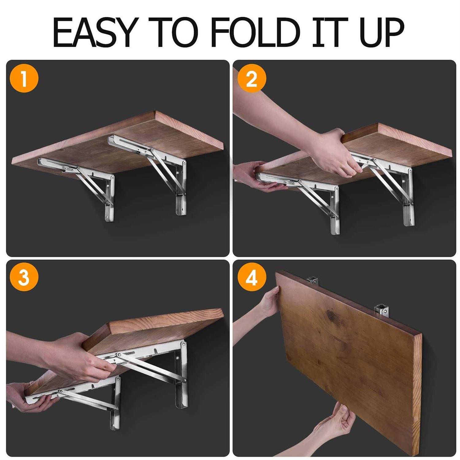 Folding Shelf Brackets Pynsseu Heavy Duty Stainless Steel Collapsible Wall Mounted Shelf Bracket Table Work - Image 3