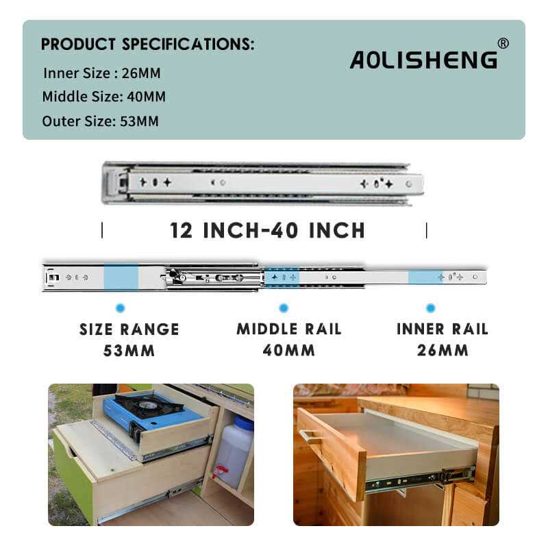 AOLISHENG Heavy Duty Drawer Slides Load Capacity 3 Section Drawer Slide Rails Side Mount - Image 5