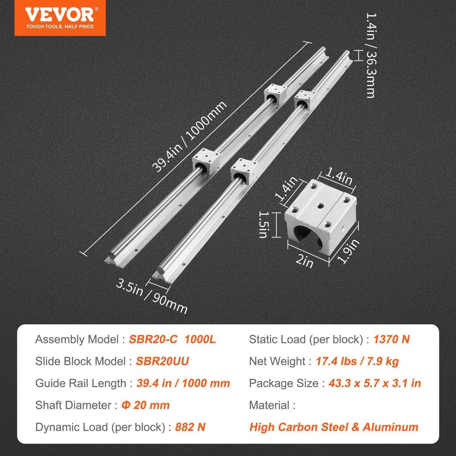 VEVOR Linear Guide Rail Set, SBR20 2 PCS SBR20 Guide Rails and 4 PCS SBR20UU Slide Blocks - Image 3