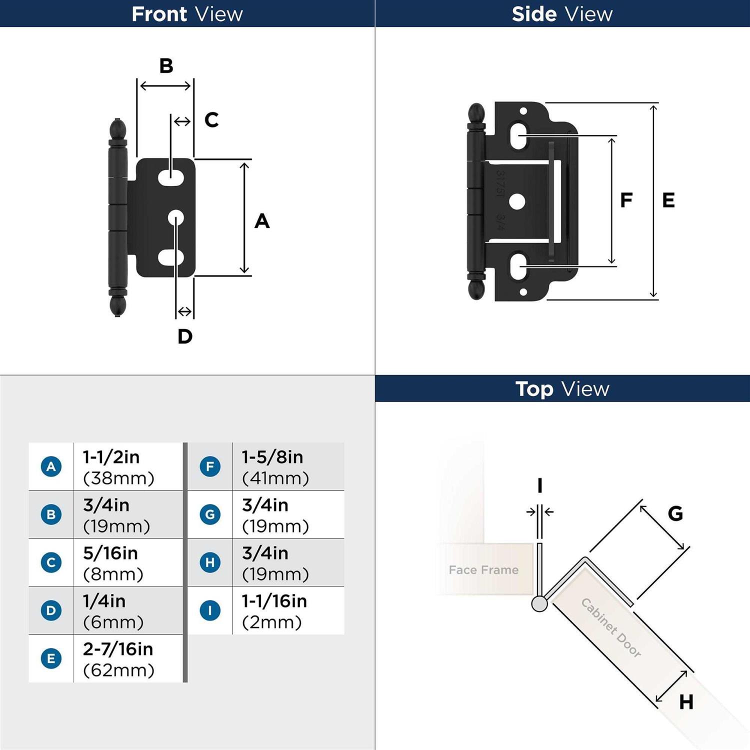 Amerock PK3180TBCZ Cabinet Hinge 3/4 in. Door Thickness |Full Inset|Partial Wrap|Ball Tip - Image 4
