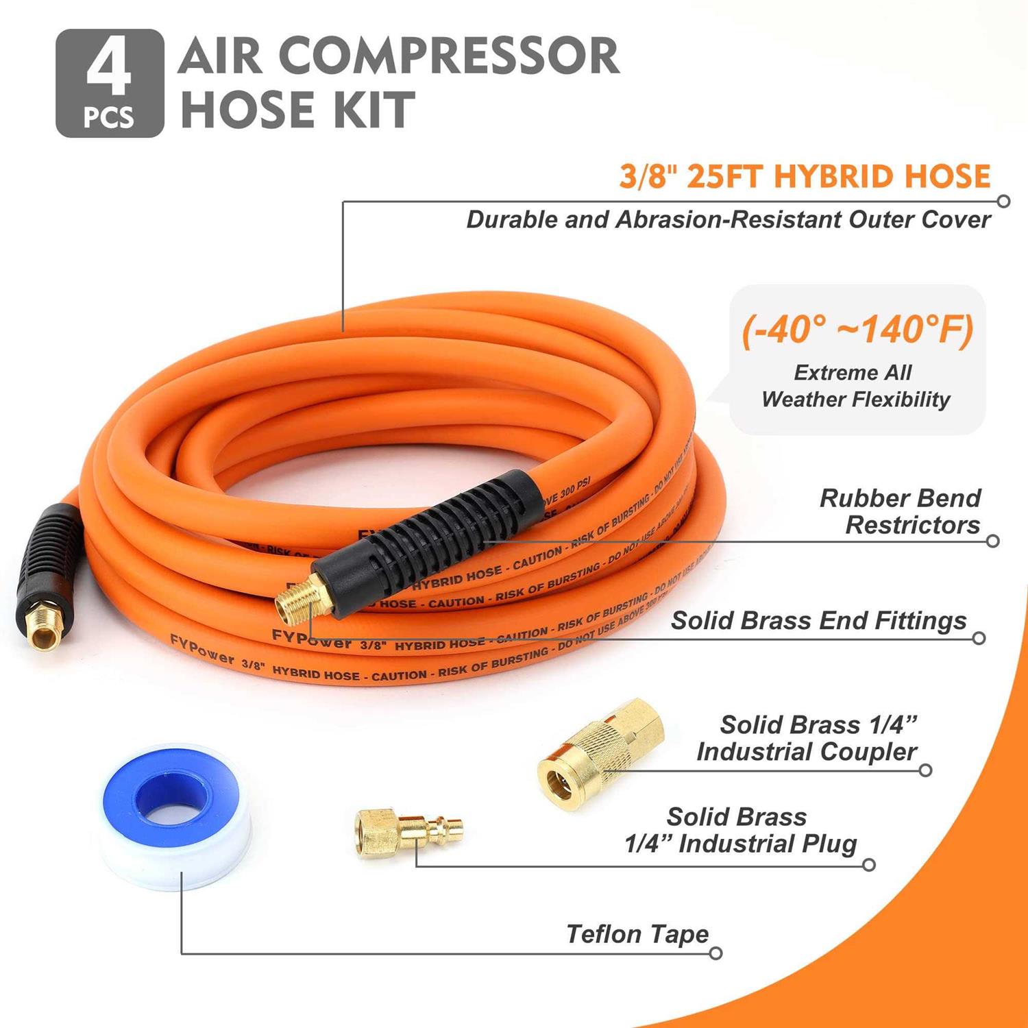FYPower Air Compressor Hose Hybrid Hose with Fittings, Flexible and Kink Resistant - Image 3