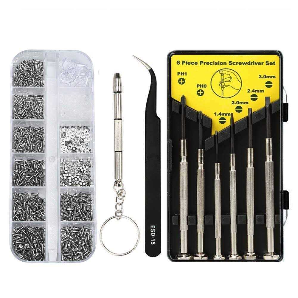 Kingsdun Eyeglass Repair Kit with 1100pcs Eyeglass Screws & Nose Pads Include 6pcs Phillips Flat Head Screwdriver Set & Curved Tip Tweezer