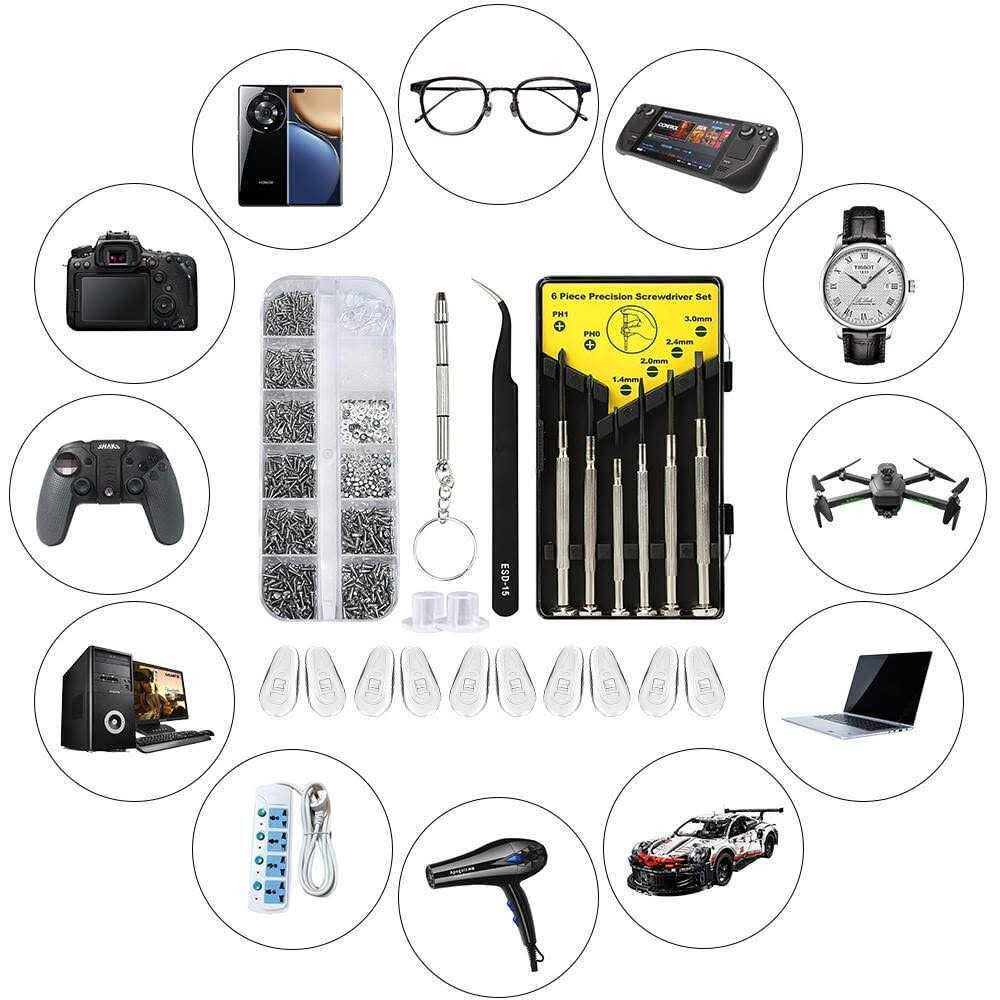 Kingsdun Eyeglass Repair Kit with 1100pcs Eyeglass Screws & Nose Pads Include 6pcs Phillips Flat Head Screwdriver Set & Curved Tip Tweezer - Image 3