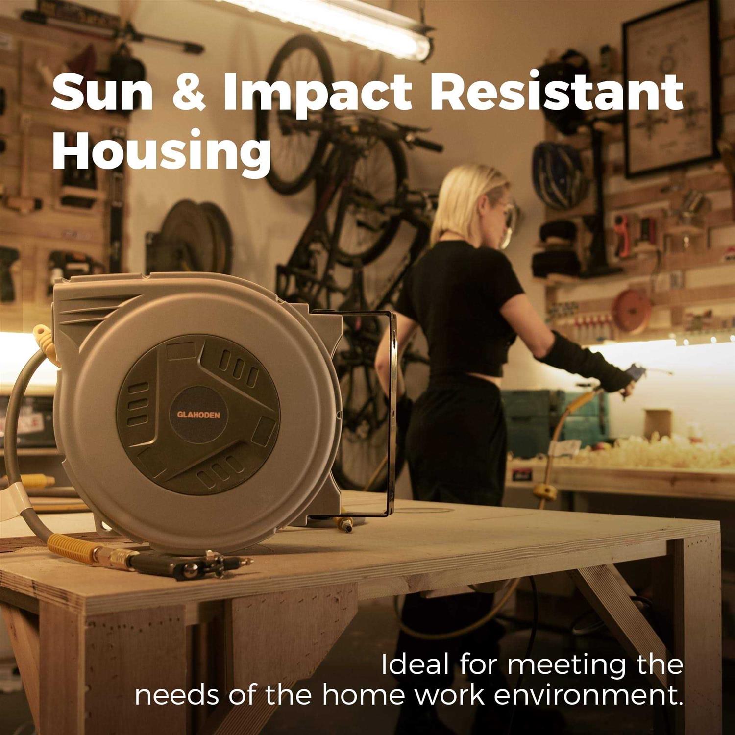 GLAHODEN Enclosed Retractable Air Hose Reel 3/8 in x Hybrid Hose Air Compressor Hose Reel with 6 Ft Lead in Max 300 PSI Patented Design - Image 5