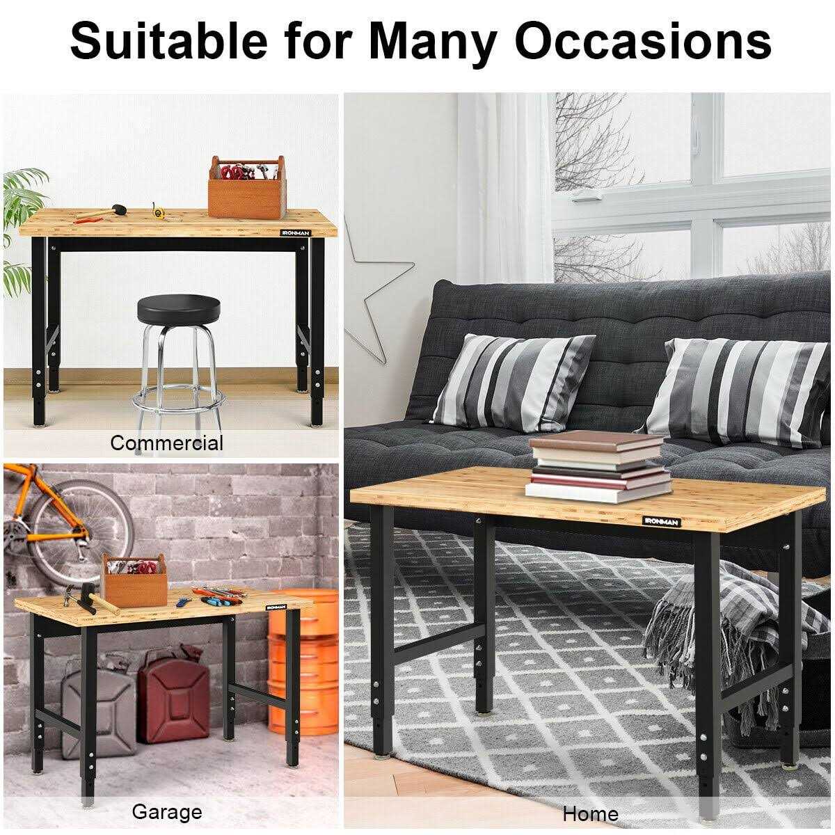 Gymax Adjustable Height Workbench Bamboo Top Steel Frame Heavy-duty - Image 3