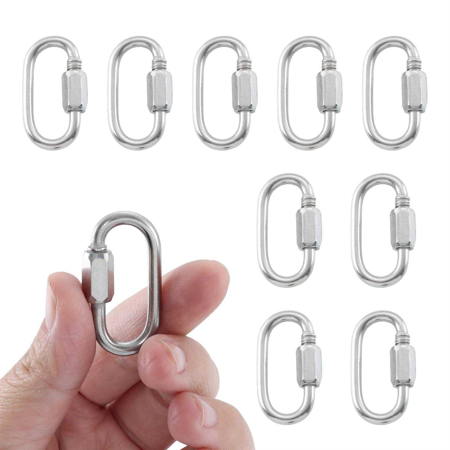 HOME MASTER HARDWARE 1/8 inch Stainless Steel D Shape Quick Link Chain Links Locking Carabiner Connector Keychain Ring Buckle 10 Pack