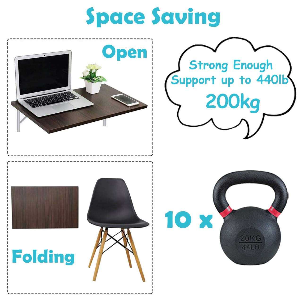 CLT White Folding Shelf Brackets Max. Load 440 lb Heavy Duty DIY Wall Mounted Shelf Bracket Space Saving for Table Work Bench - Image 4