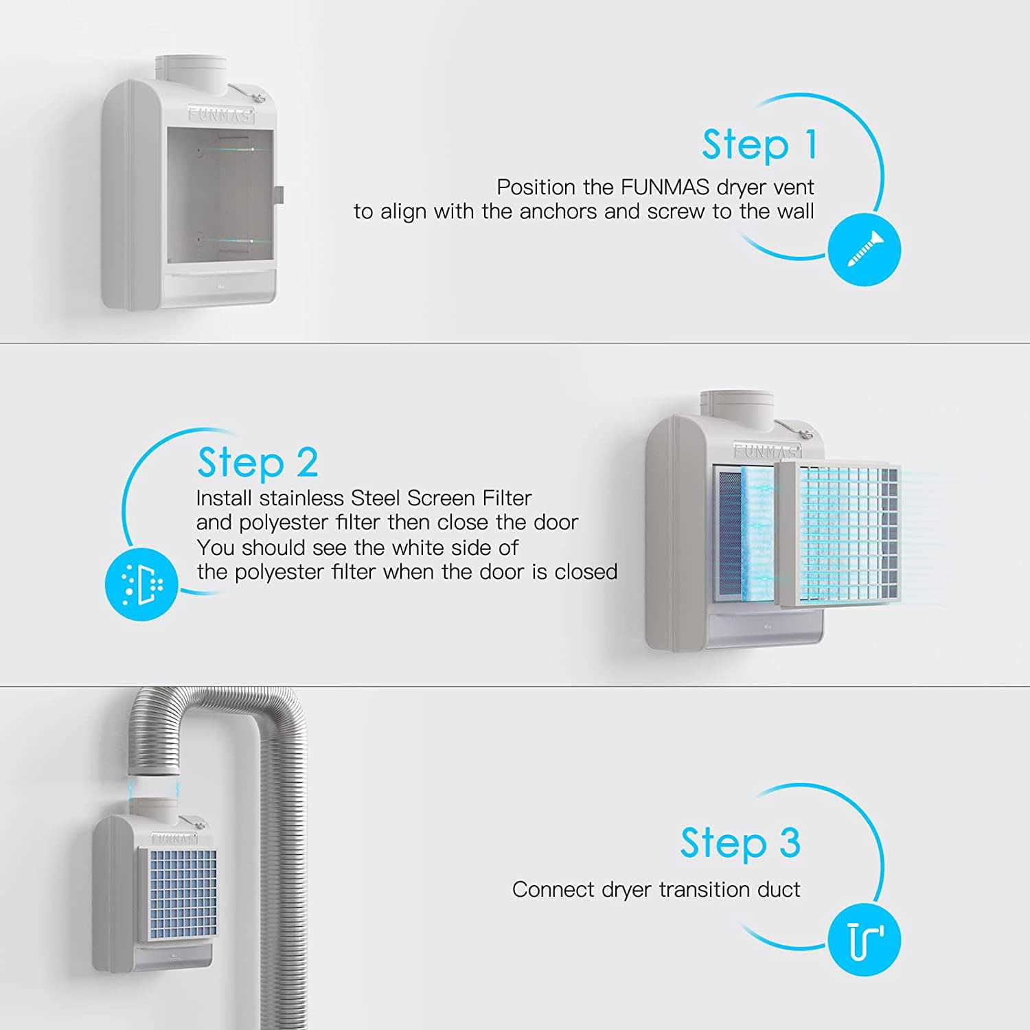 FUNMAS 3-in-1 Indoor Dryer Vent, Stainless Steel Screen Filter, Polyester Filter and Water Drawer System - Image 4