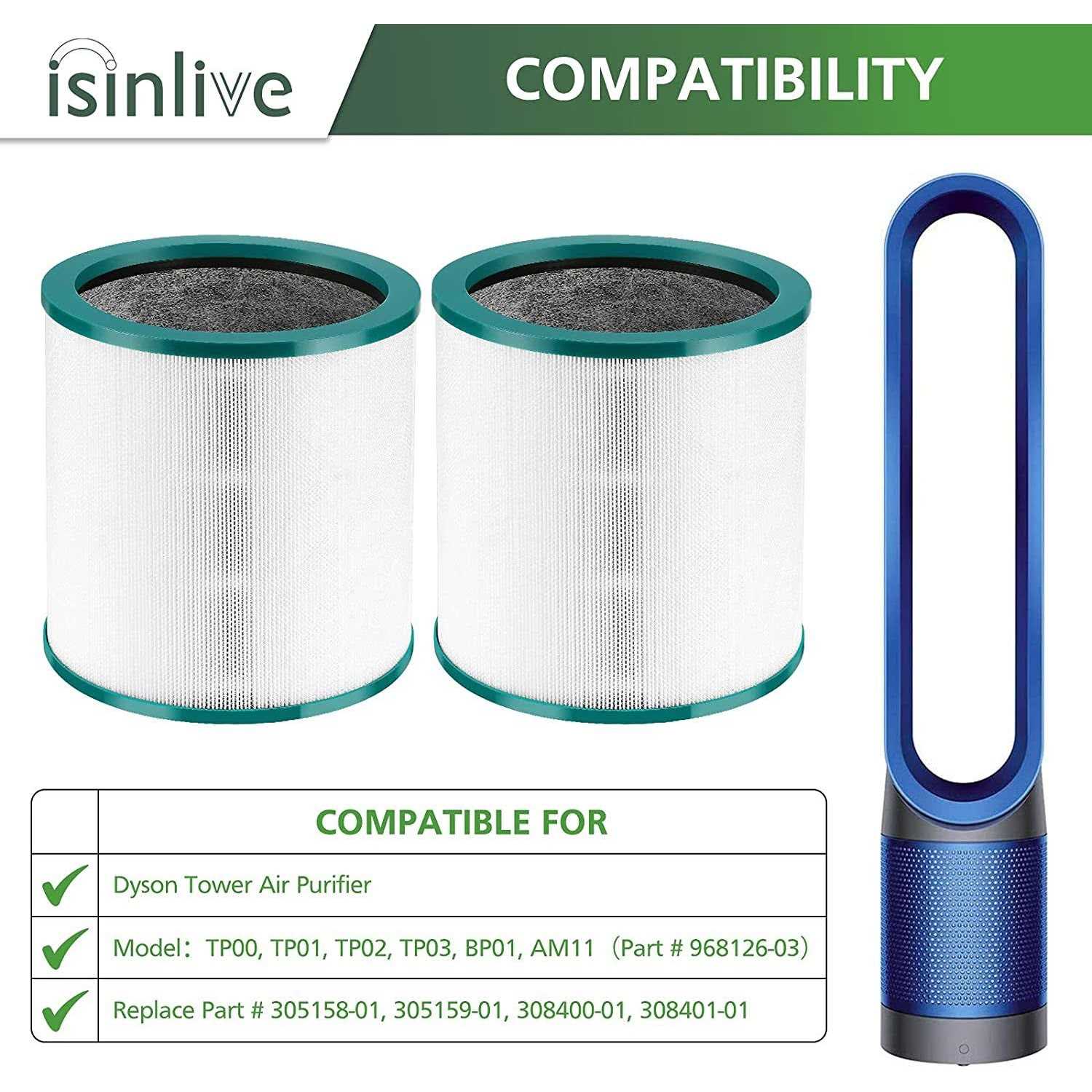 isinlive 2 pack True hepa Replacement Filter Compatible with Dyson Tower Purifier Pure Cool Link TP01 - Image 5