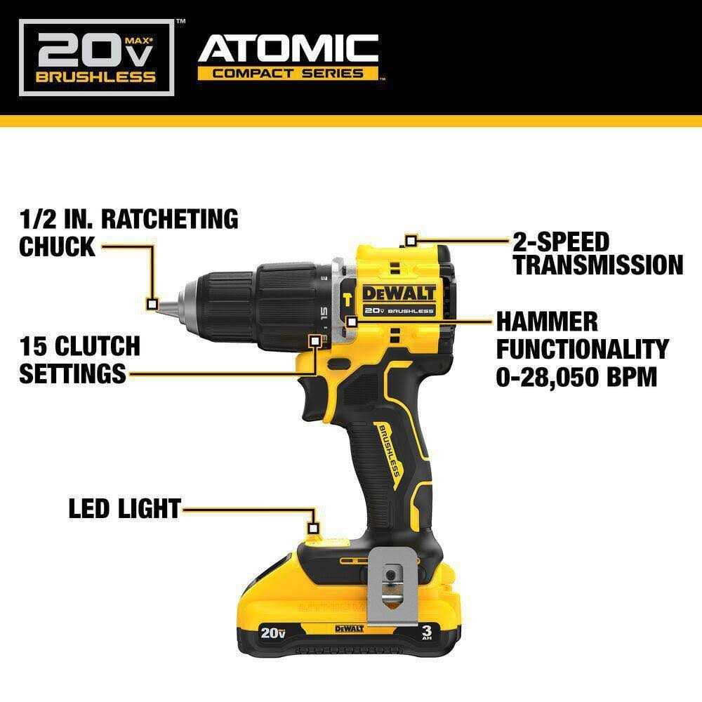 DEWALT DCD799L1 ATOMIC Compact SERIES 20V MAX Brushless Cordless 1/2 in. Hammer Drill Kit - Image 4