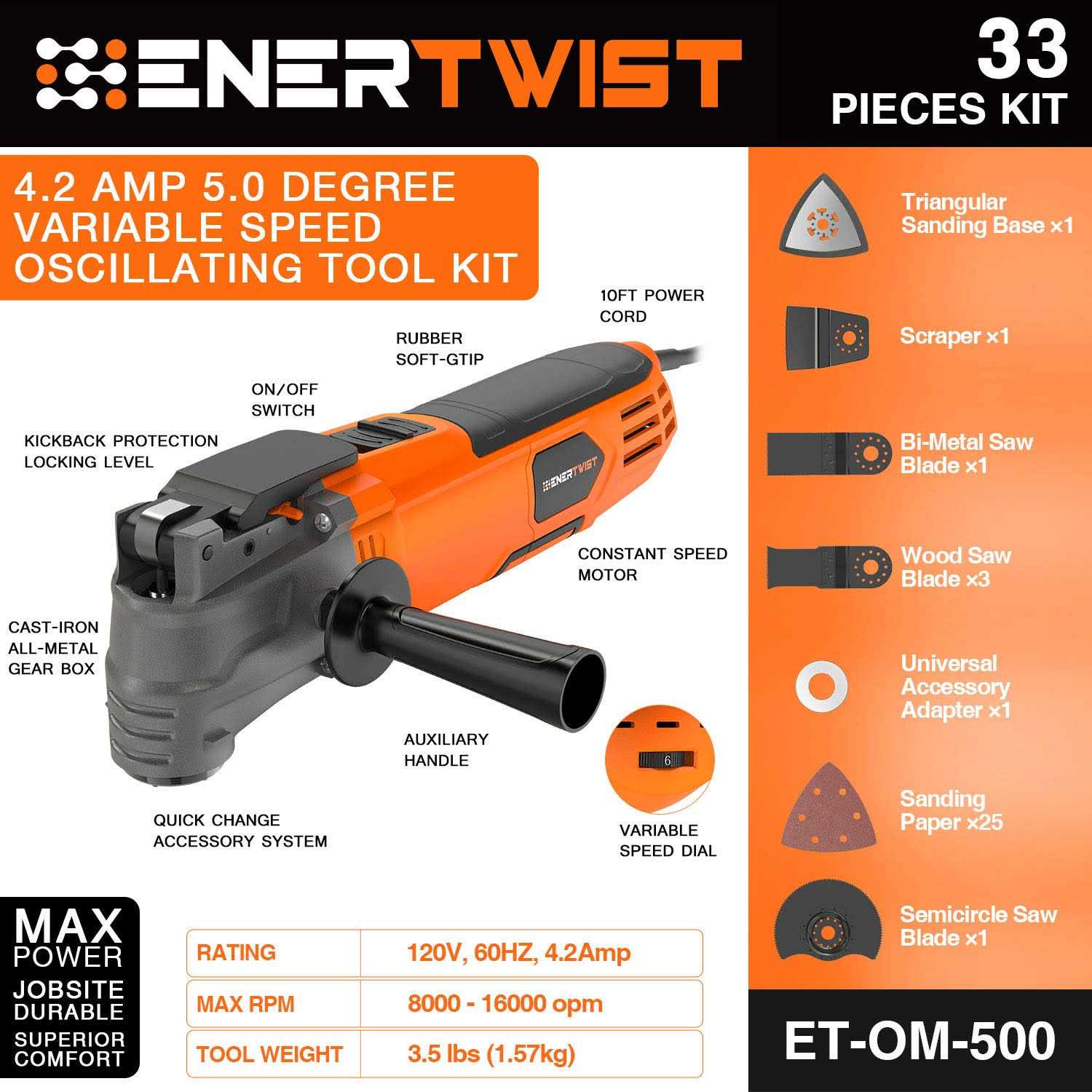 ENERTWIST Oscillating Tool 4.2 Amp Oscillating Multitool Kit with 5° Oscillation Angle - Image 4