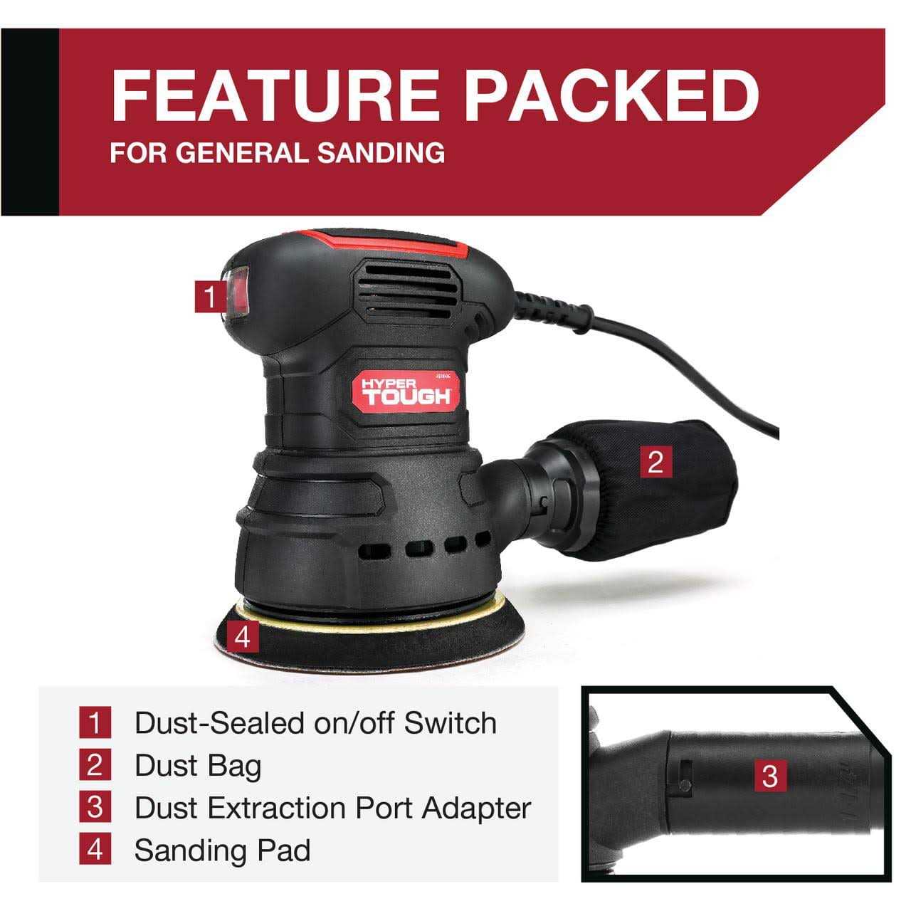 Hyper Tough 2.5 Amp Corded Orbital Sander with Dust Bag Vacuum Hose Adapter & 3 Sanding Sheets 60 80 & 120 Grit - Image 3