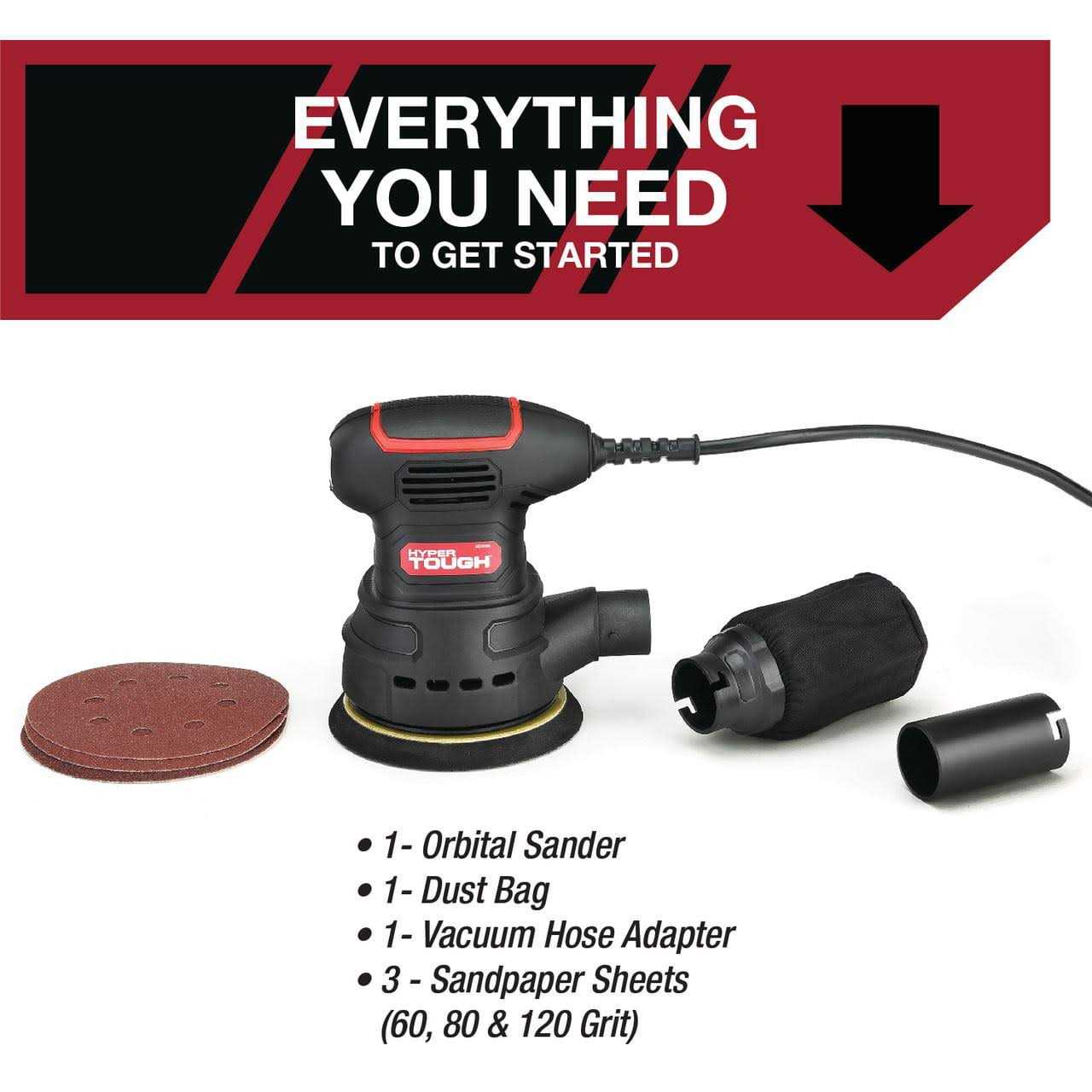 Hyper Tough 2.5 Amp Corded Orbital Sander with Dust Bag Vacuum Hose Adapter & 3 Sanding Sheets 60 80 & 120 Grit - Image 5