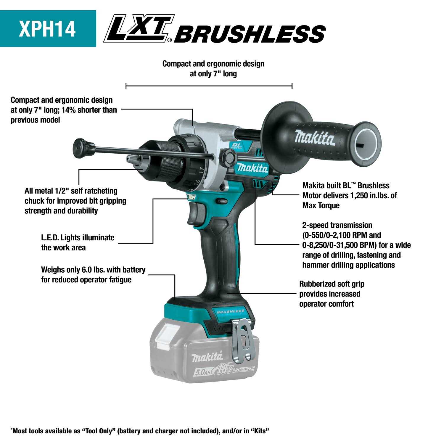 Makita XPH14Z 18V LXT Lithium-Ion Brushless Cordless 1/2 Hammer Drill/Driver - Image 5