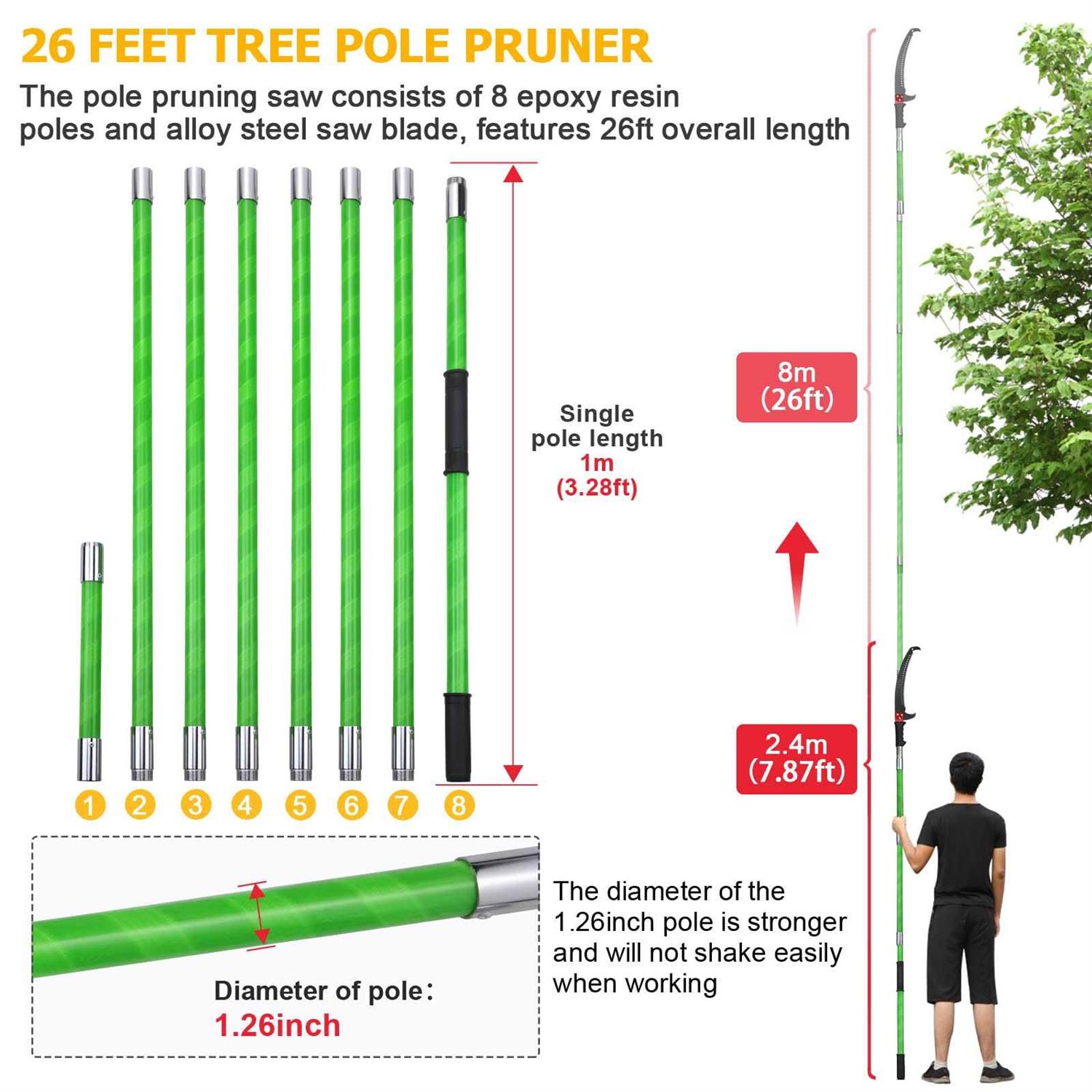 Likeem 26 Feet Tree Pole Pruner Manual Branches Trimmer Tree Branch Garden Tools Loppers Hand Pole Saws Extendable Height - Image 3