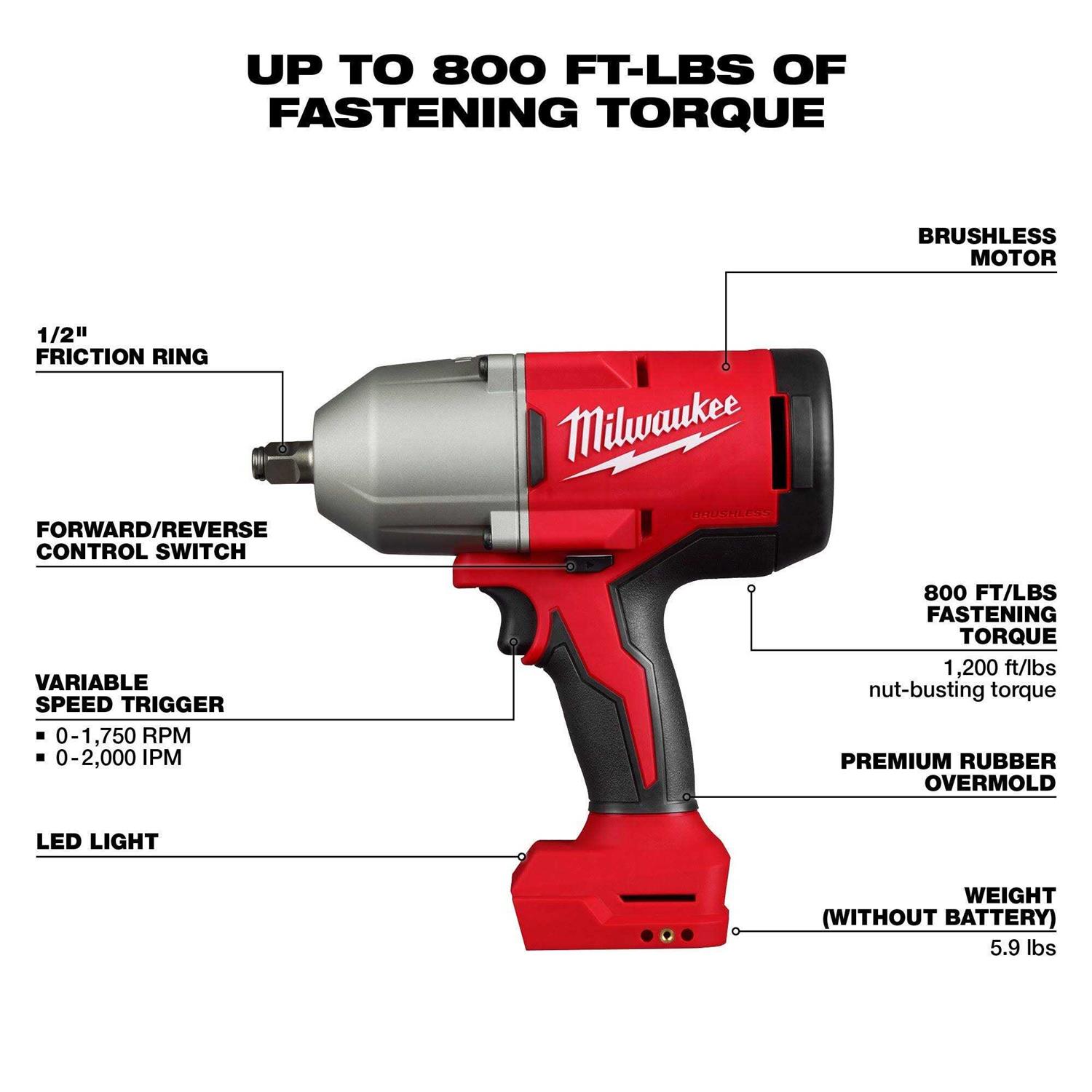 Milwaukee M18 Brushless 1/2 High Torque Impact Wrench w/Friction Ring 2666-20 - Image 3