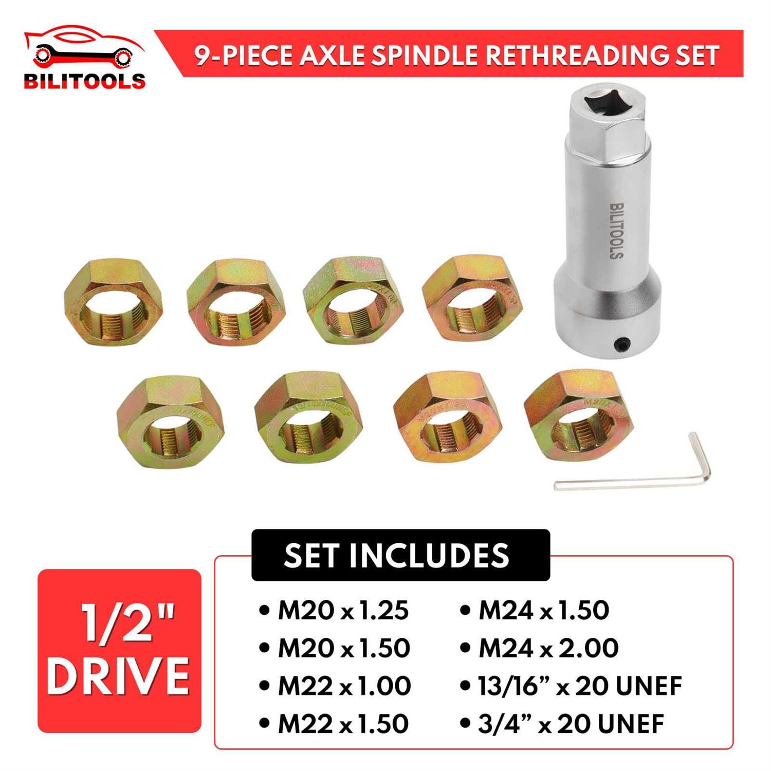 BILITOOLS 9-Piece Axle Spindle Thread Chaser Set Thread Rethreading Restorer Tool Metric M20 M22 M24 & UNF 13/16”3/4” - Image 3