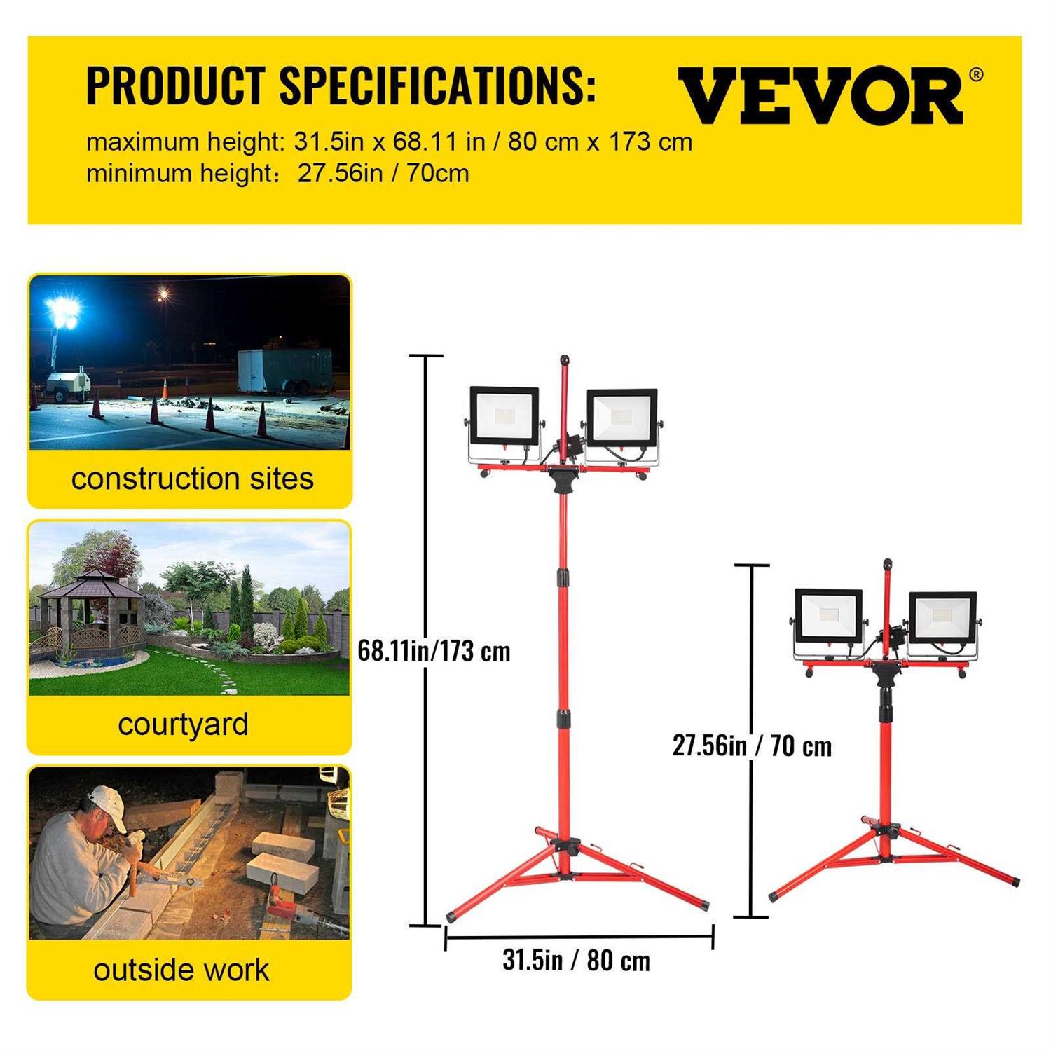 VEVOR LED Work Light with Stand Dual-head LED Work Light with 27.6-68.1 Adjustable and Foldable Tripod Stand - Image 4