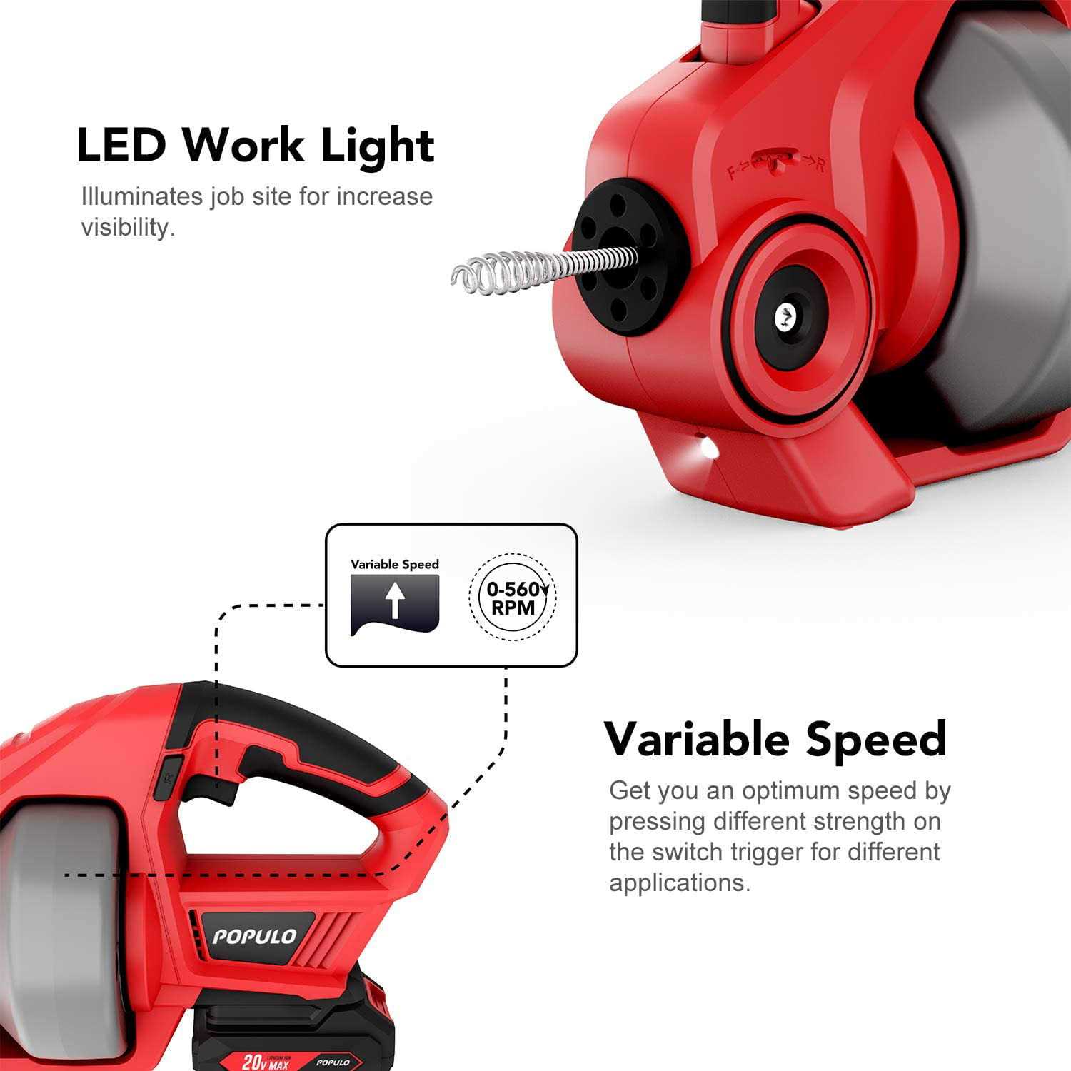 POPULO Electric Drain Auger,25Ft Plumbing Snake Drain Clog Remover Tools - Image 3