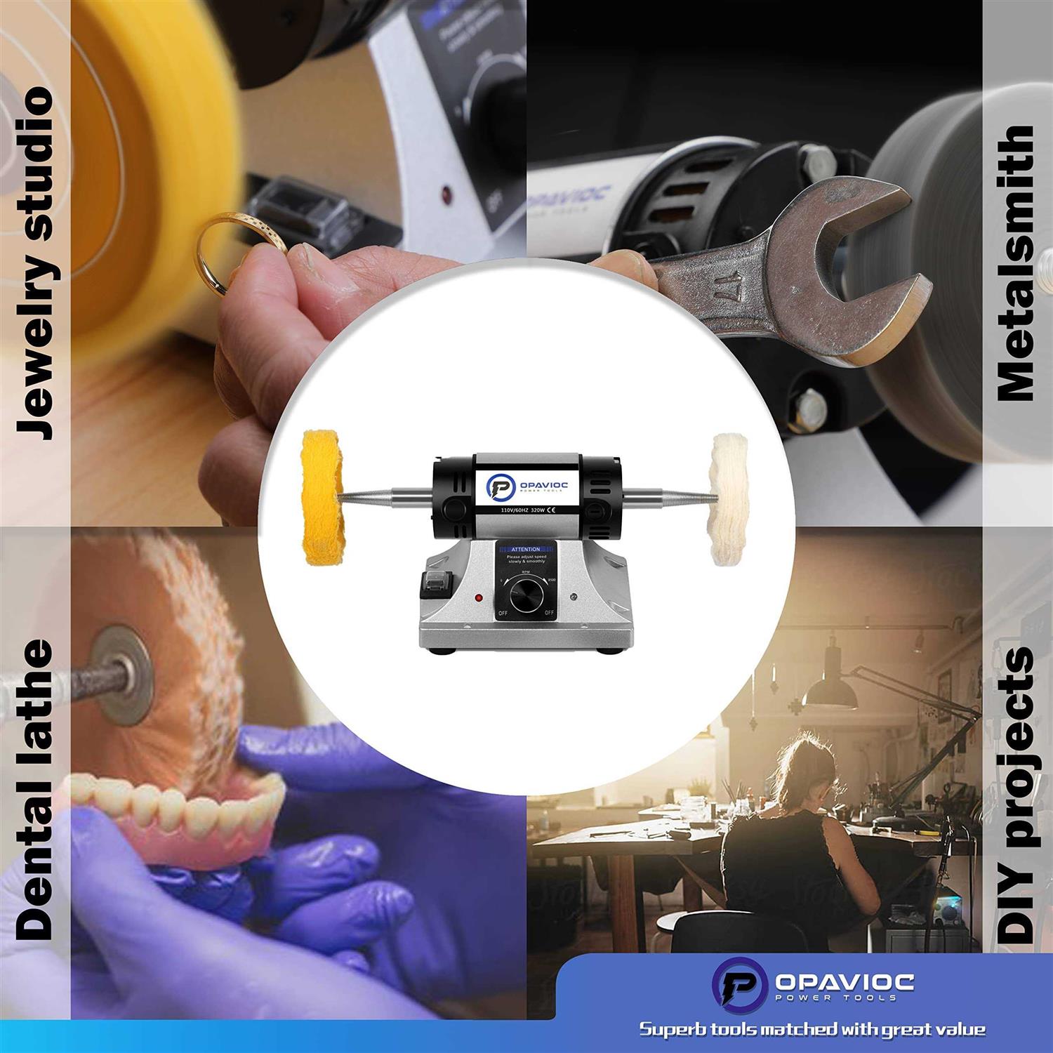 OPAVIOC Jewelry Polisher Adjustable Variable Speed Bench Grinder Polishing & Buffing Machine - Image 3
