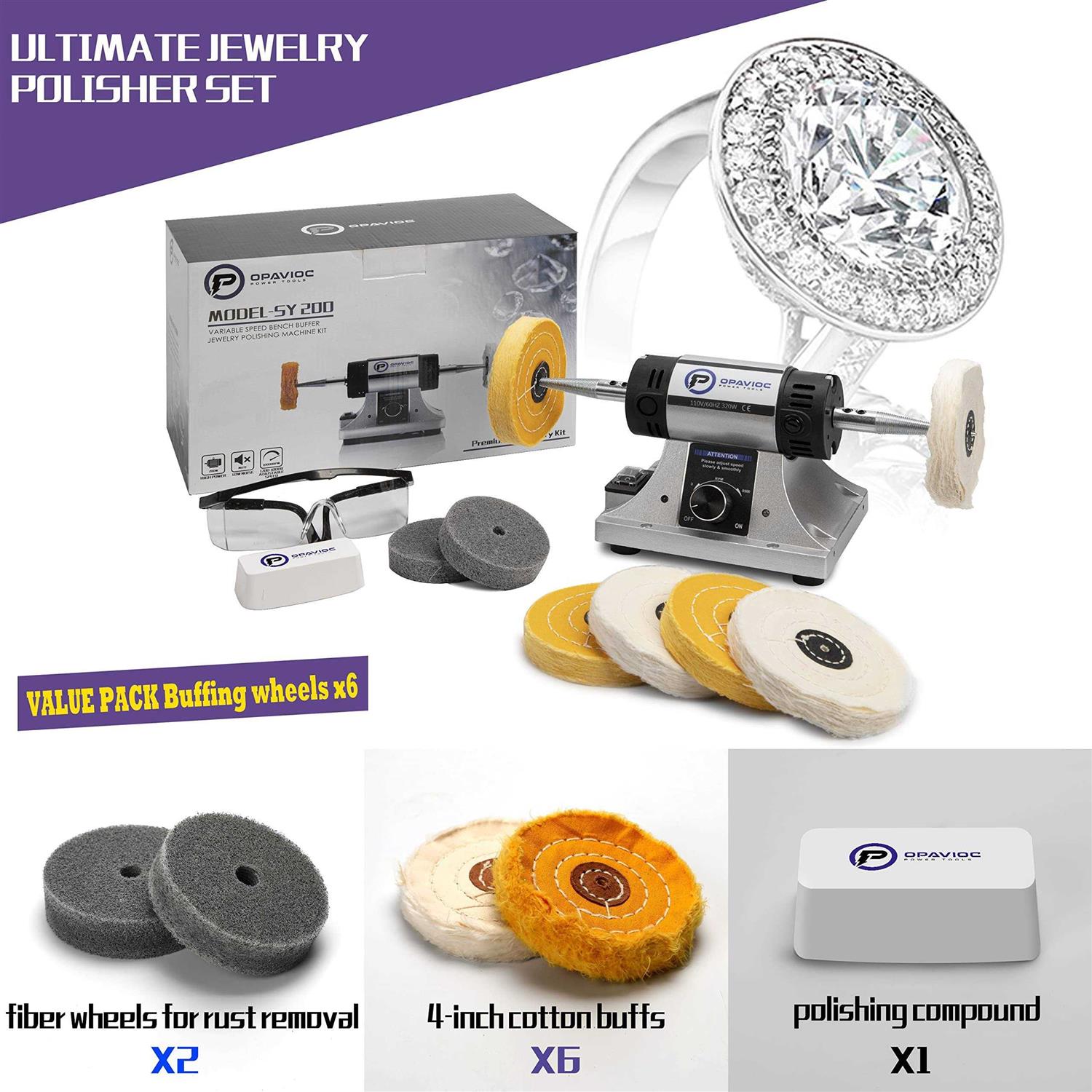 OPAVIOC Jewelry Polisher Adjustable Variable Speed Bench Grinder Polishing & Buffing Machine - Image 4