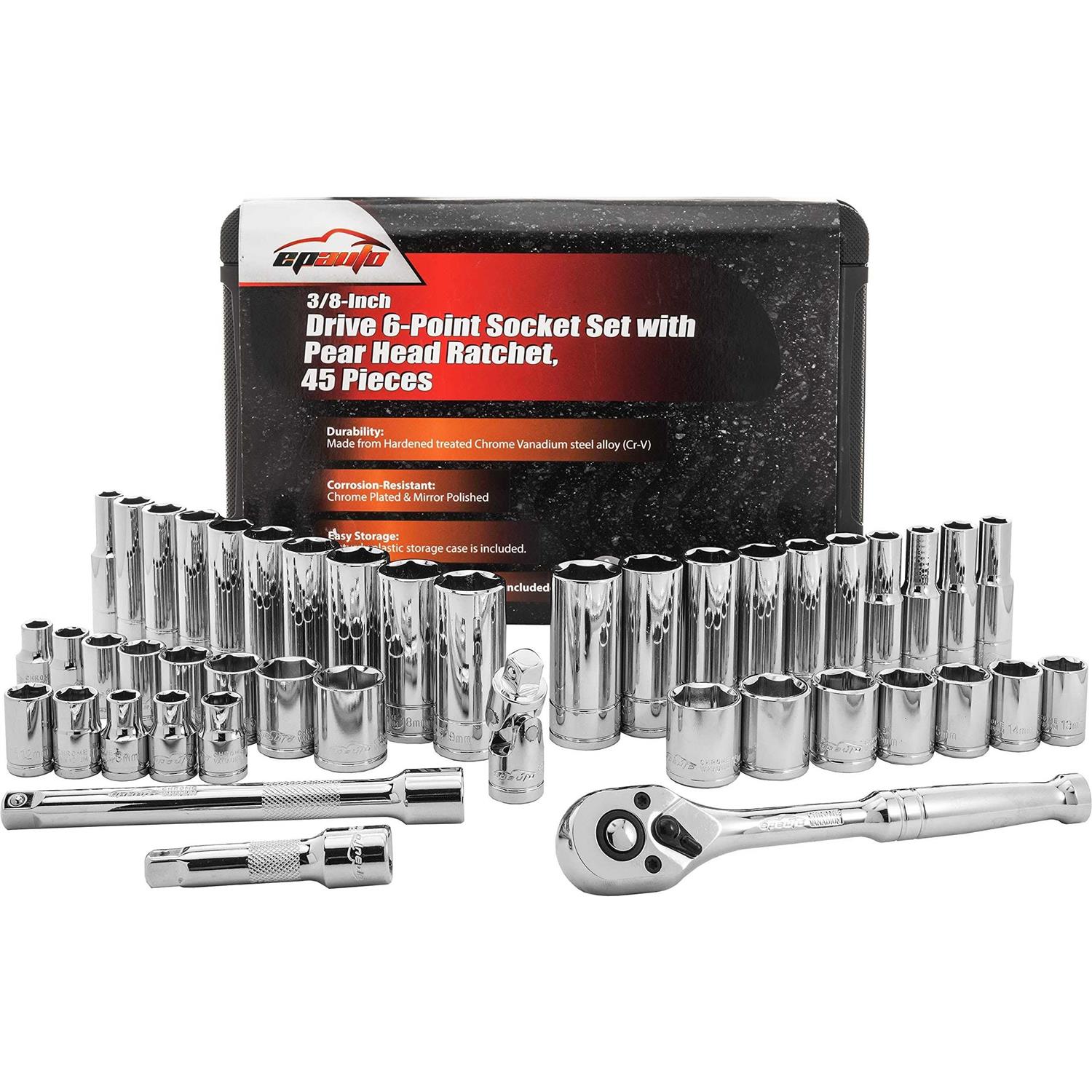 Epauto 45 Pieces 3/8 Drive Socket Set with 72-Tooth Pear Head Ratchet - Image 5