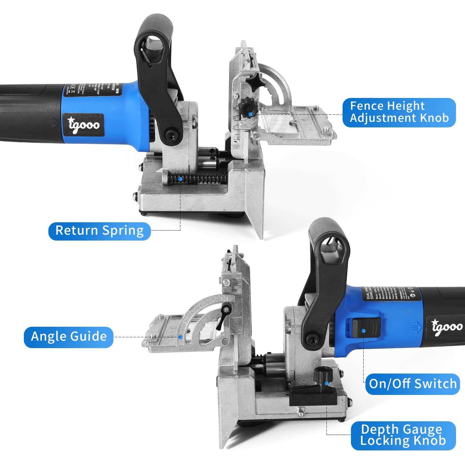 igooo Dual-Spindle Doweling Jointer DJ710, 710W 120V 60Hz, Wood Plate Dowel Joiner, 2x8mm and 2x6mm Drilling Bits - Image 5