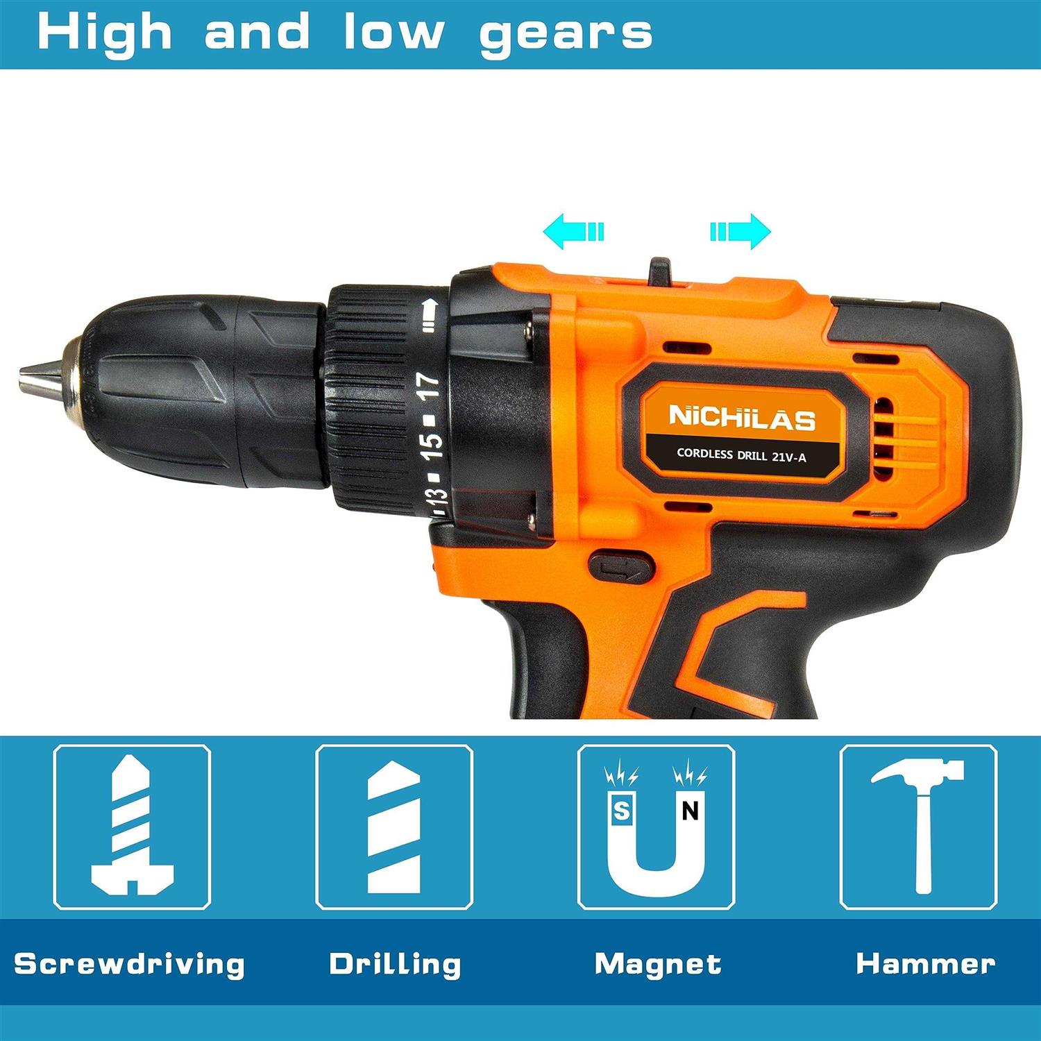 Nichilas Cordless Drill, 21V Power Screwdriver 2 Variable Speed 3/8” Keyless Chuck, 1500mAh Battery and Charger for assembling, repairing and DIY - Image 3