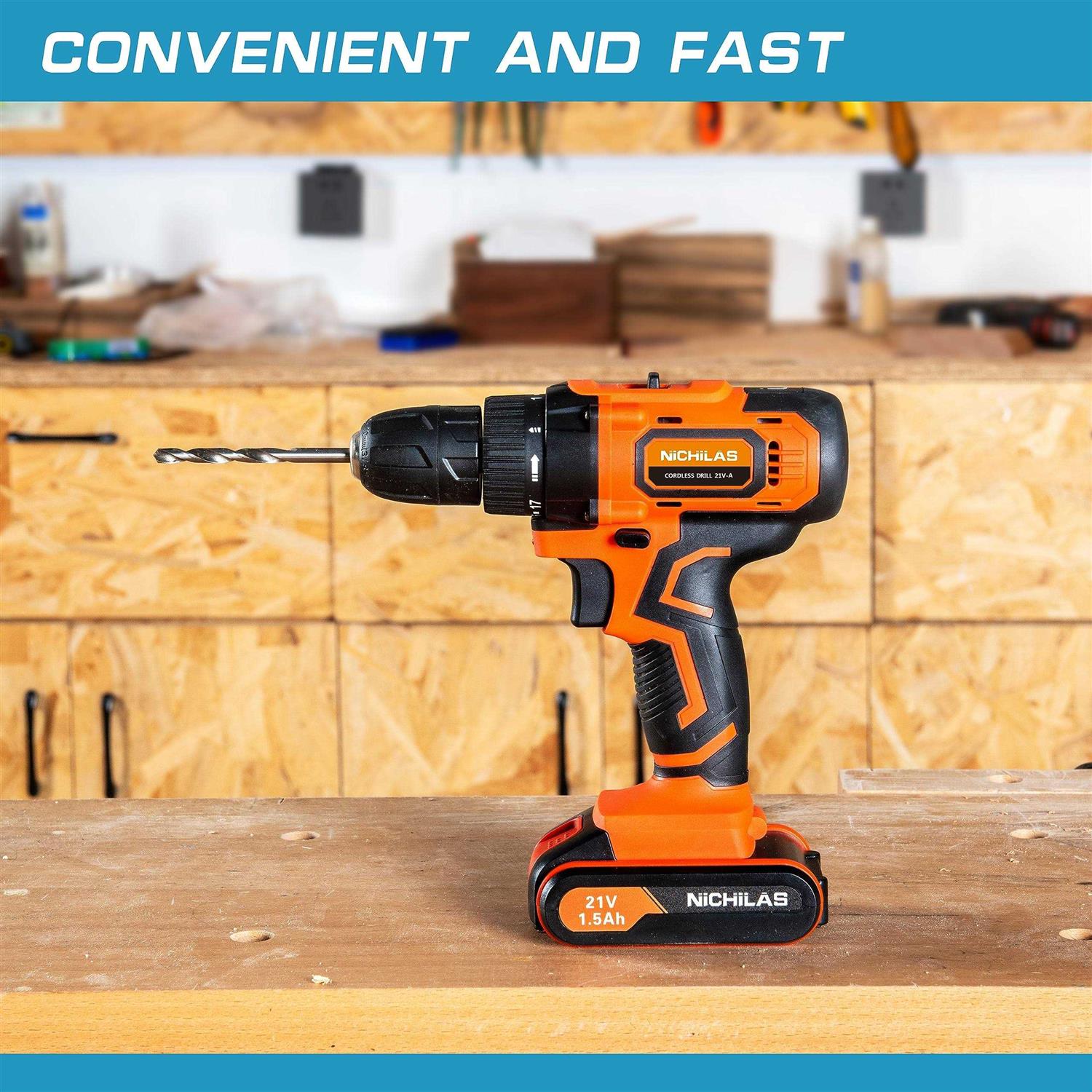 Nichilas Cordless Drill, 21V Power Screwdriver 2 Variable Speed 3/8” Keyless Chuck, 1500mAh Battery and Charger for assembling, repairing and DIY - Image 4