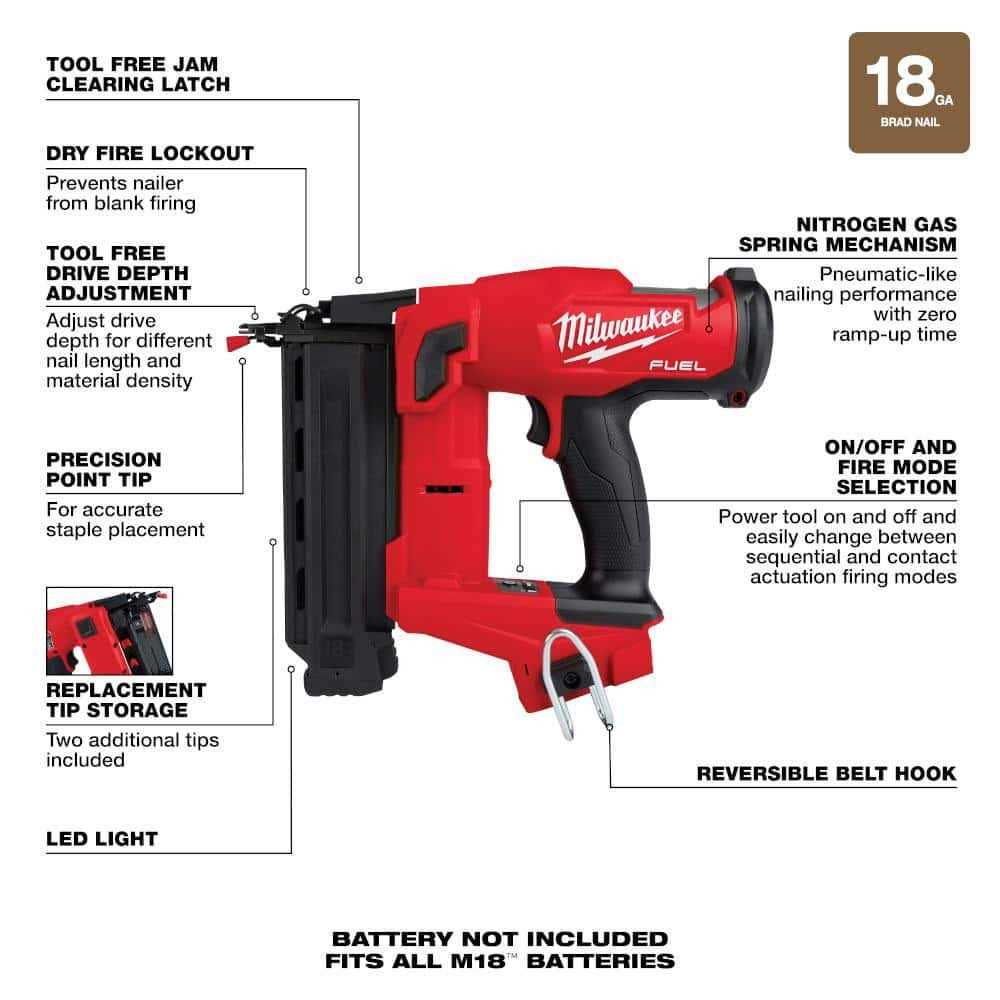 Milwaukee M18 FUEL 18-Volt Lithium-Ion Brushless Gen II 18-Gauge Cordless Brad Nailer - Image 4
