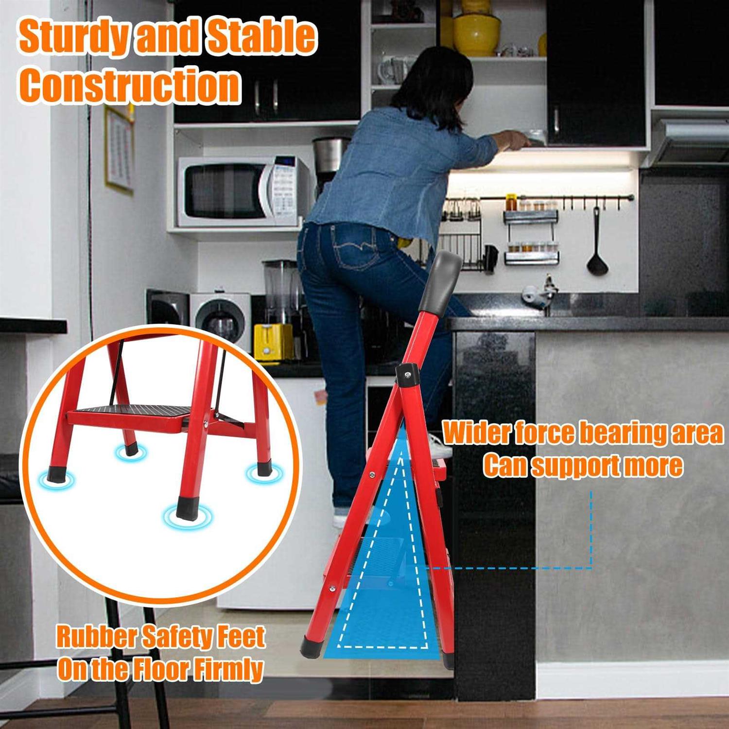 2 Step Ladder,Folding Step Stool with Handgrip and Anti-Slip Wide Pedal,Lightweight and Sturdy,Ideal for Home Kitchen Office Use - Image 3