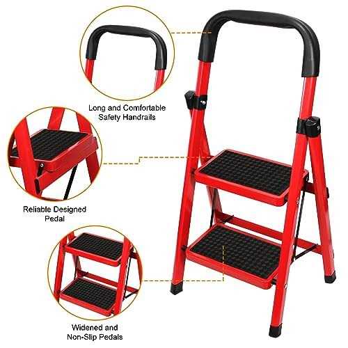 2 Step Ladder,Folding Step Stool with Handgrip and Anti-Slip Wide Pedal,Lightweight and Sturdy,Ideal for Home Kitchen Office Use - Image 4