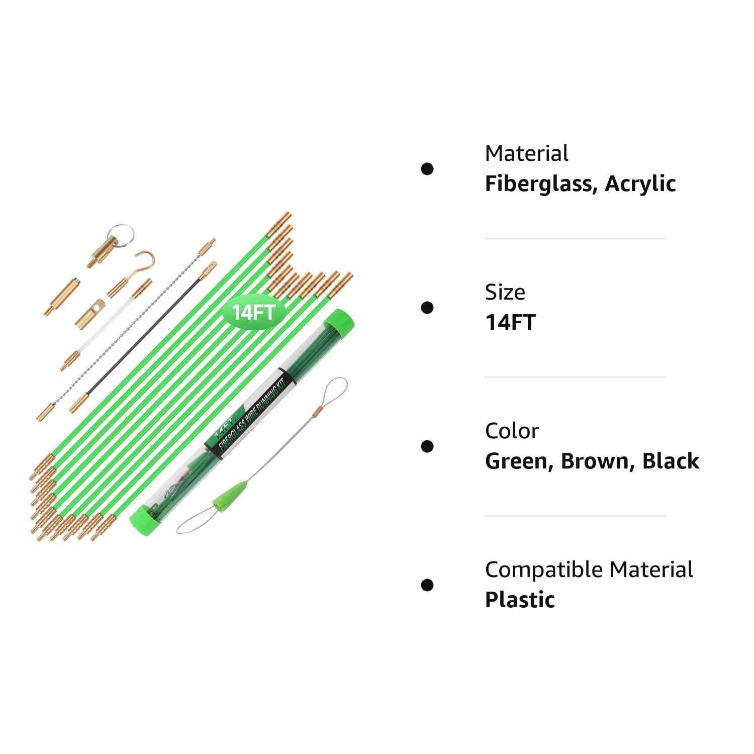 Generic 14ft Fiberglass Running Electrical Wire Cable Glow Rods Wire Pulling, Fish Rods Electrical Kit with 8 Different Attachments and Fish Tape Wire - Image 3