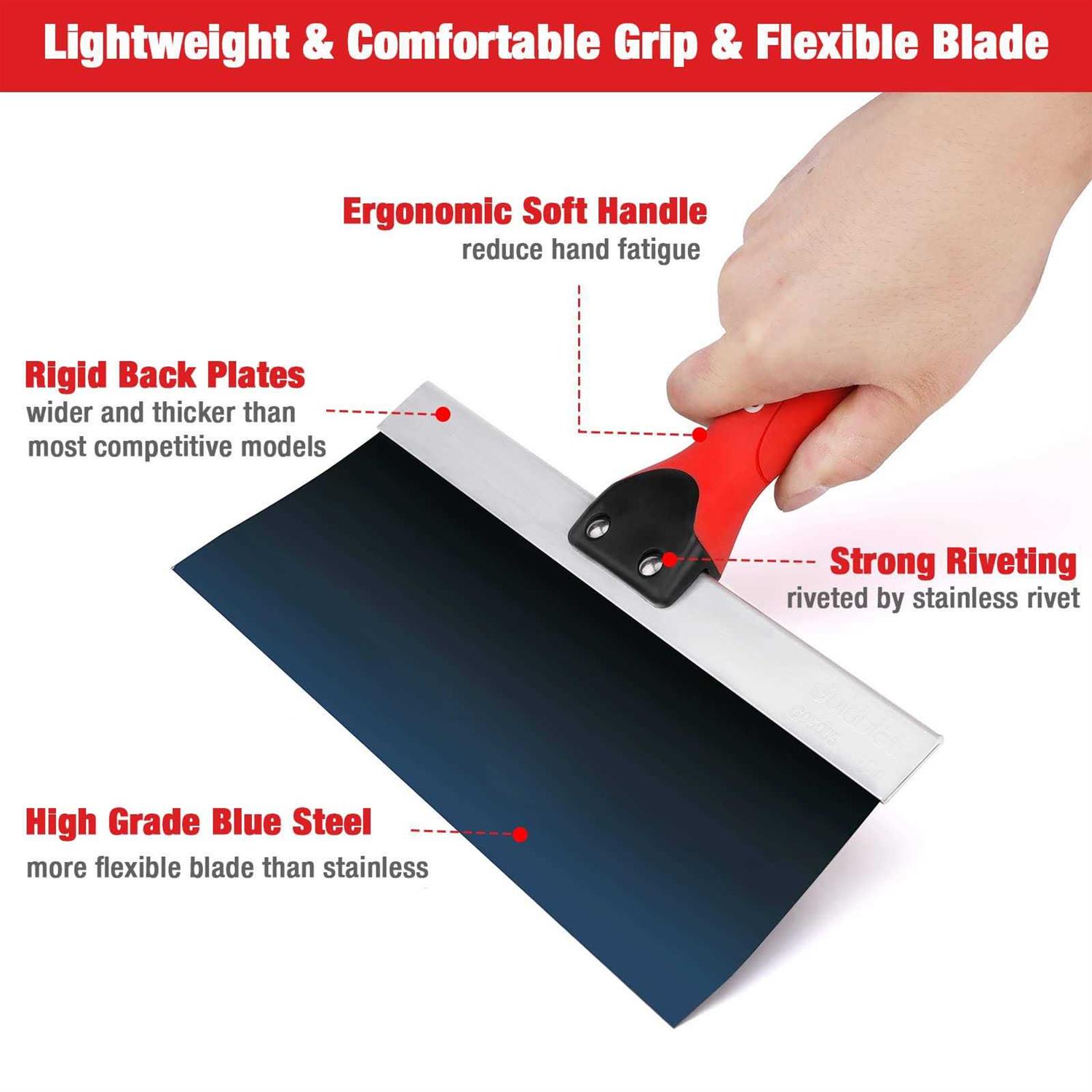 Goldblatt Tape Set Drywall Taping Tools with 10 Blue Steel Taping Knife, Lightweight & Comfortable Use for Finishing and Patching - Image 5