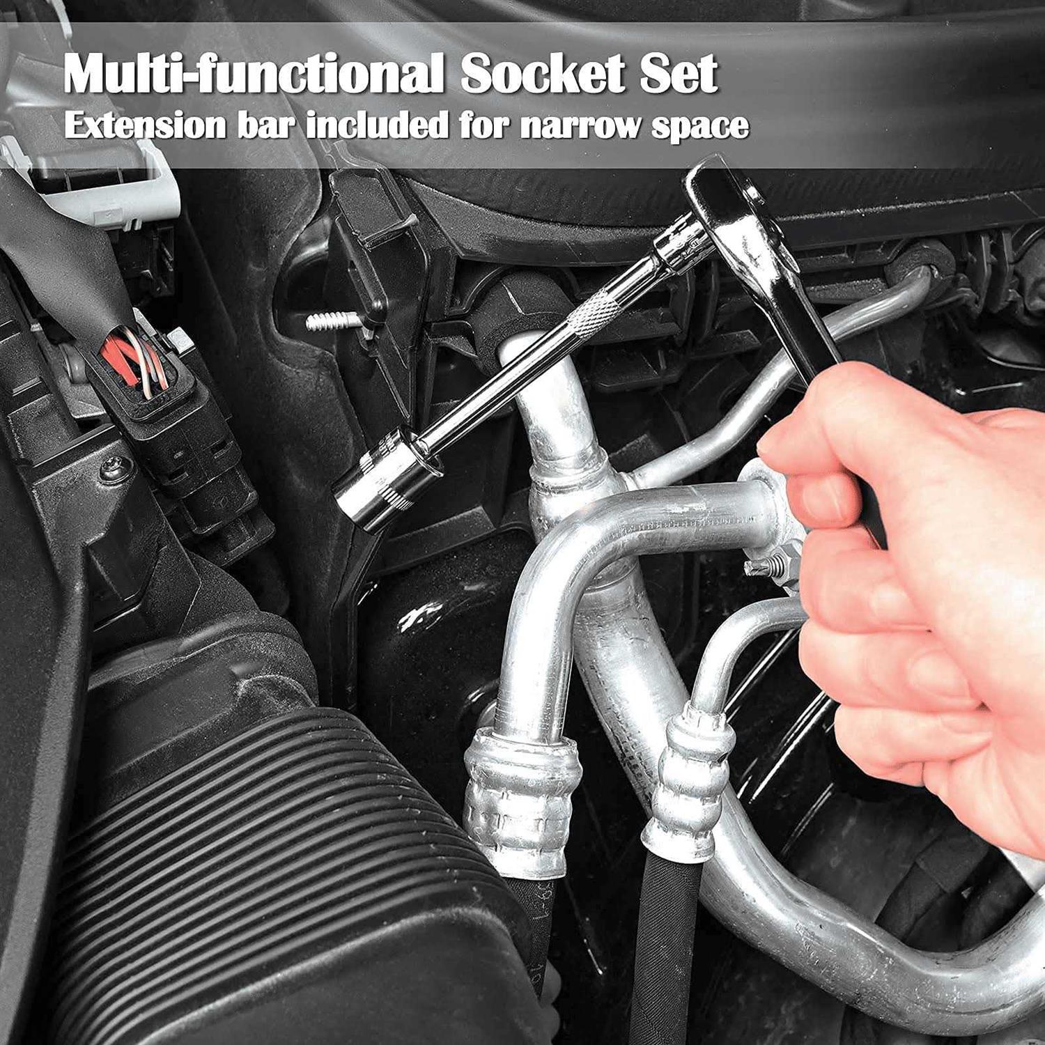 GOXAWEE 46 Pieces 1/4 inch Drive Socket Ratchet Wrench Set, with Bit Socket Set Metric and Extension Bar for Auto Repairing and Household - Image 3