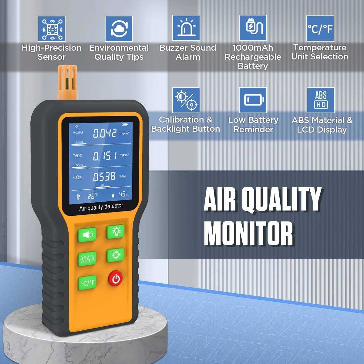 CMTOOL Air Quality Monitor Indoor Home Air Quality Tester Analyzer CO2 Meter Portable Carbon Dioxide Formaldehyde Detector Testing Kit with Digital Te - Image 3