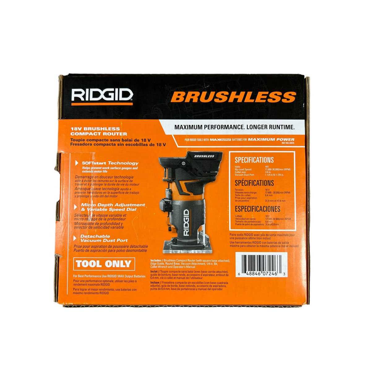 RIDGID 18-Volt OCTANE Cordless Brushless Compact Fixed Base Router with 1/4 in. Bit Round and Square Bases and Collet Wrench - Image 3