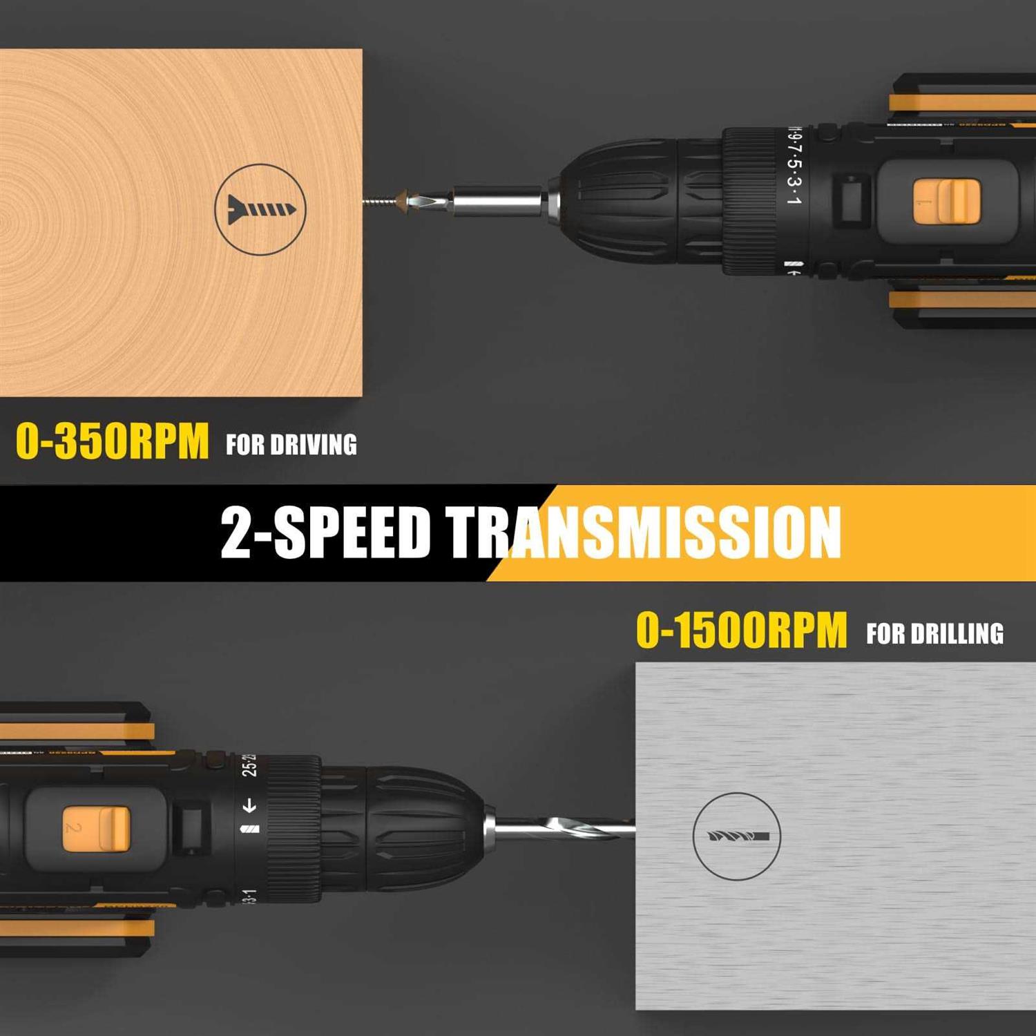 INSPIRITECH 20V Cordless Drill, Power Drill Set with 2 Batteries and Charger,3/8-Inch Chuck Electric Drill Kit with 24-Torque Setting - Image 4