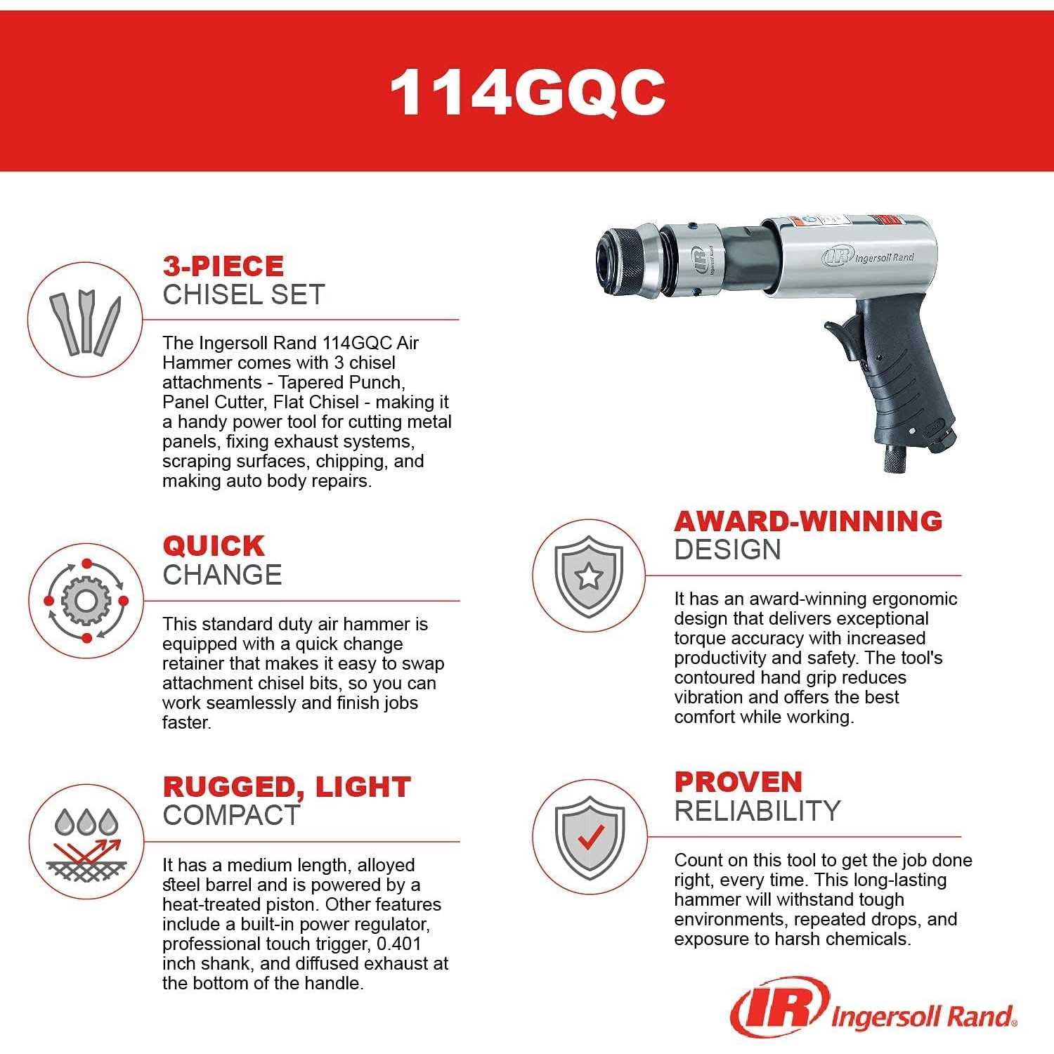 Ingersoll Rand 114GQC Air Hammer 3 PC Chisel Set with Tapered Punch - Image 3