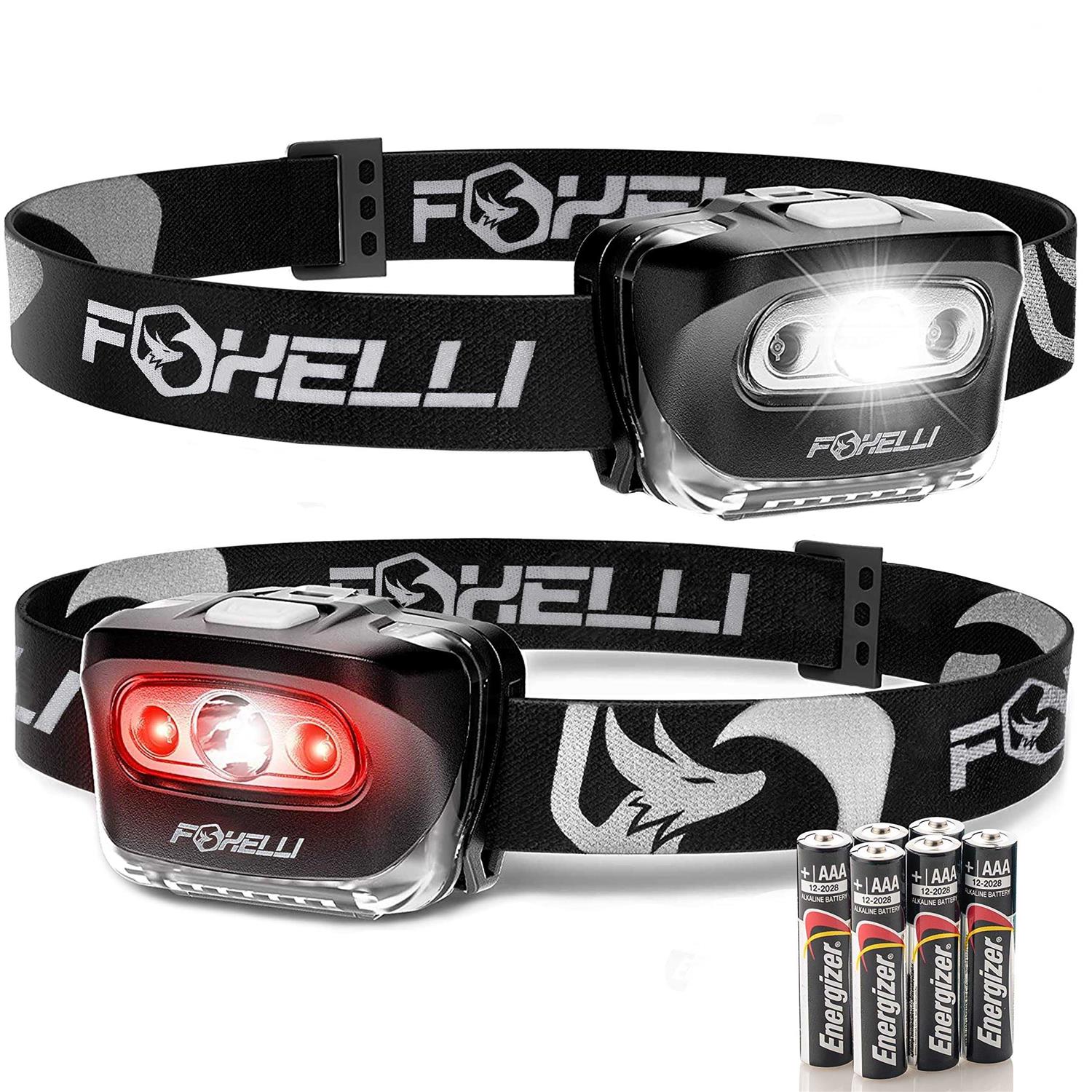 Foxelli LED Headlamp Flashlight for Adults & Kids Running Camping Hiking Head Lamp with White & Red Light