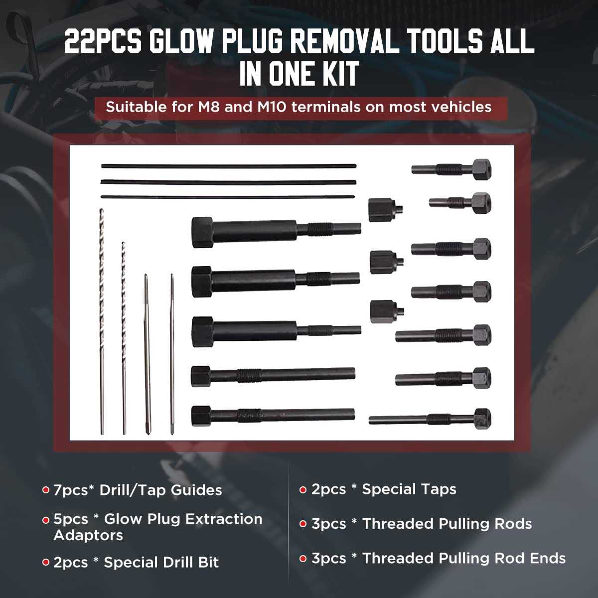Glow Plug Removal Tool 22pcs Glow Plug Removal Tool Kit High Hardness Glow Plug Removal Tools Glow Plug Extraction Kit For M8 & M10 Glow Plug - Image 3