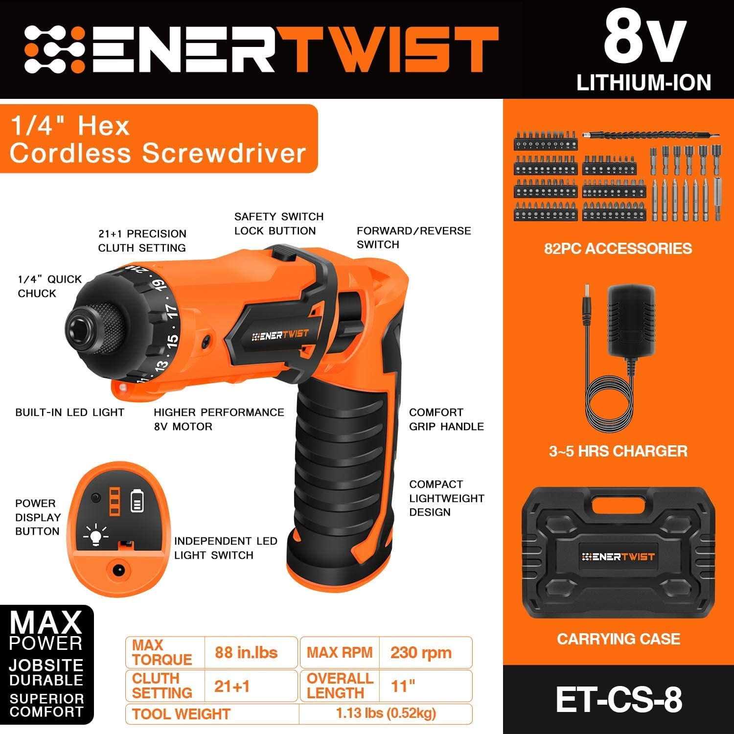 Enertwist 8V Cordless Electric Screwdriver 10Nm Max Rechargeable Screwdriver Set Charger and Accessory Kit in Carrying Case - Image 2