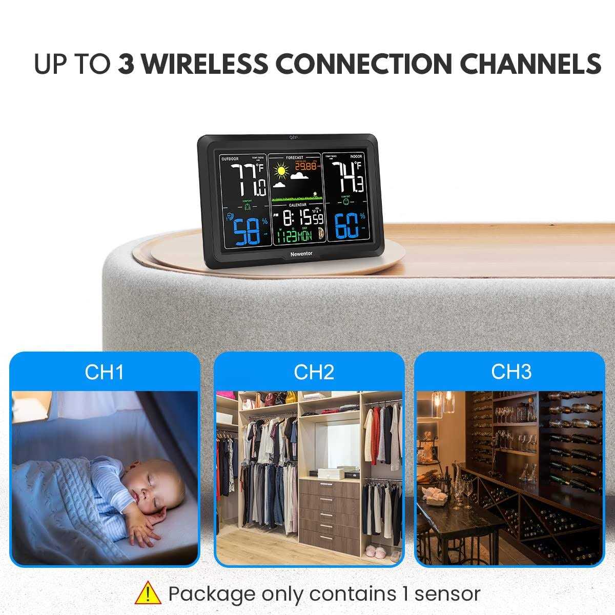 Newentor Weather Station Wireless Indoor Outdoor Thermometer 7.5in Display Atomic Weather Clock - Image 3